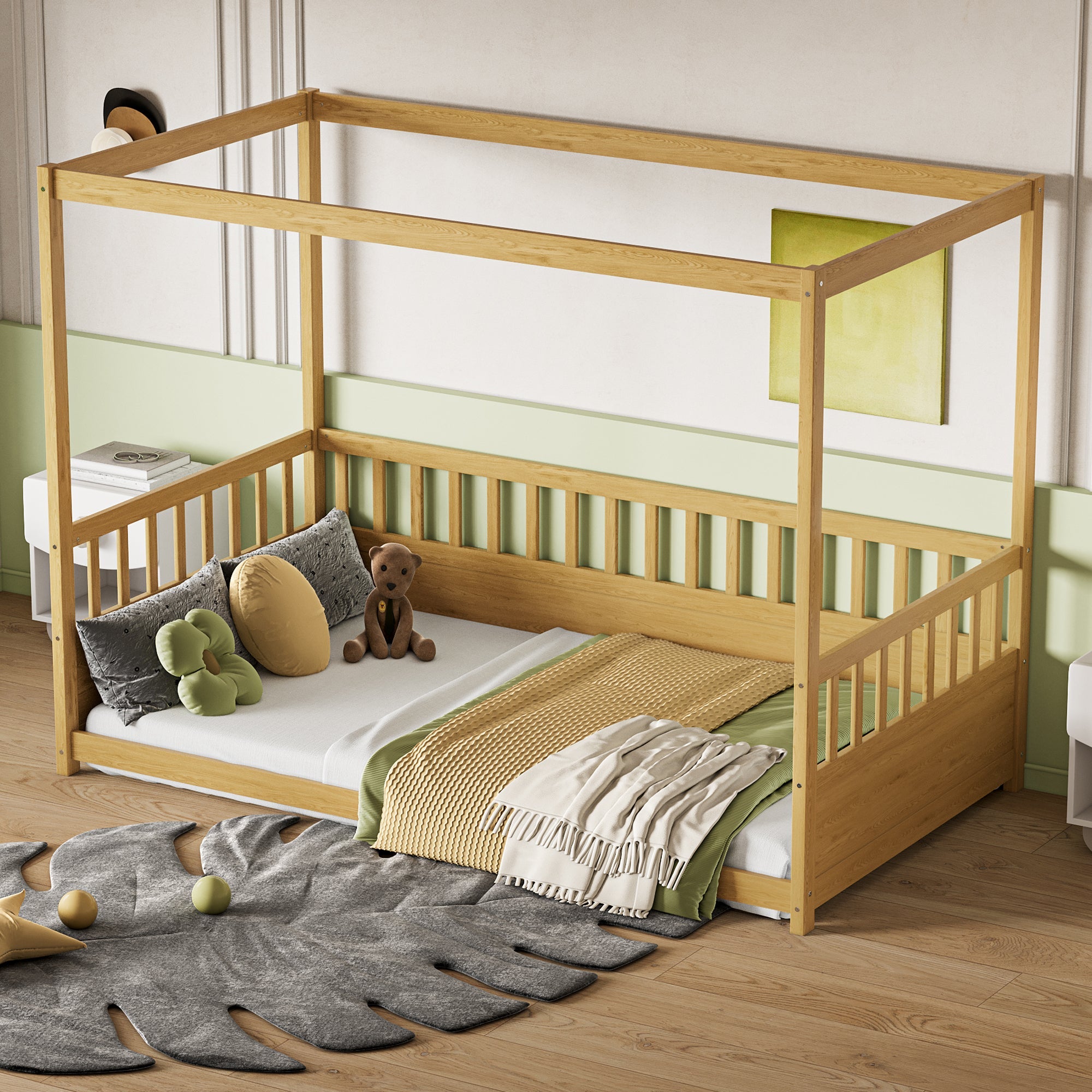 Twin Size Canopy Bed Frame with Guardrails for Kids,Floor Bed Twin with Four Poster Design,Kids Montessori Floor Bed,Wood Canopy Bed Frame for Girls,Boys(Twin,Natural)