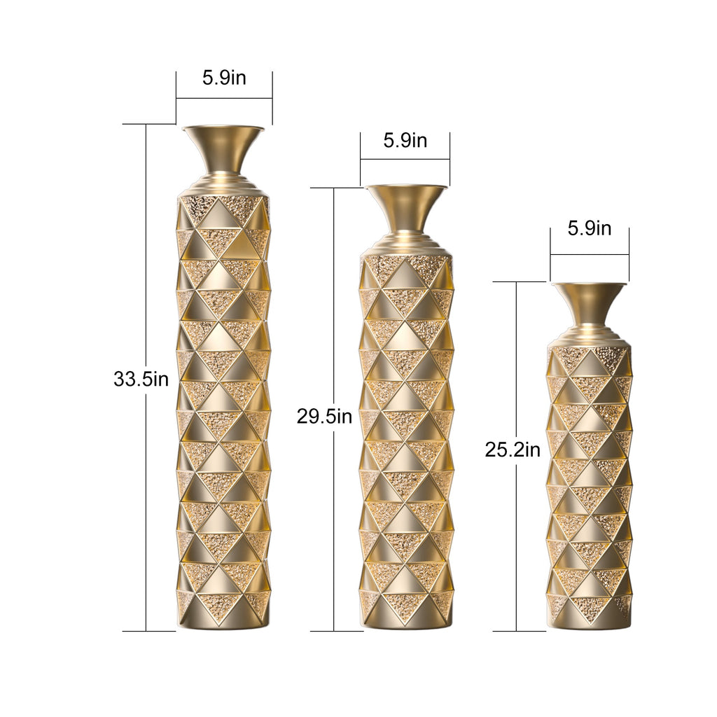 Metal Decorative Vase High Distress Metal Center Vase With 3D Triangle Pattern, Set Of 3 Vases for Home Decoration 33.5', 29.5', 25.2'High, Gold