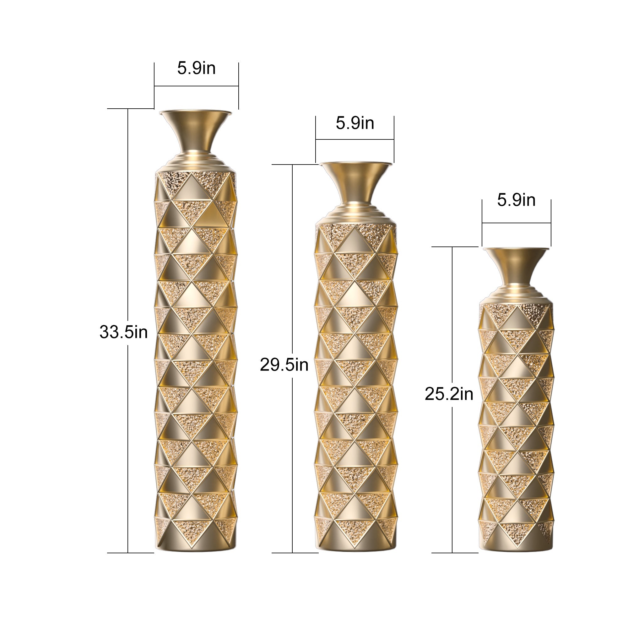 Metal Decorative Vase High Distress Metal Center Vase With 3D Triangle Pattern, Set Of 3 Vases for Home Decoration 33.5', 29.5', 25.2'High, Gold