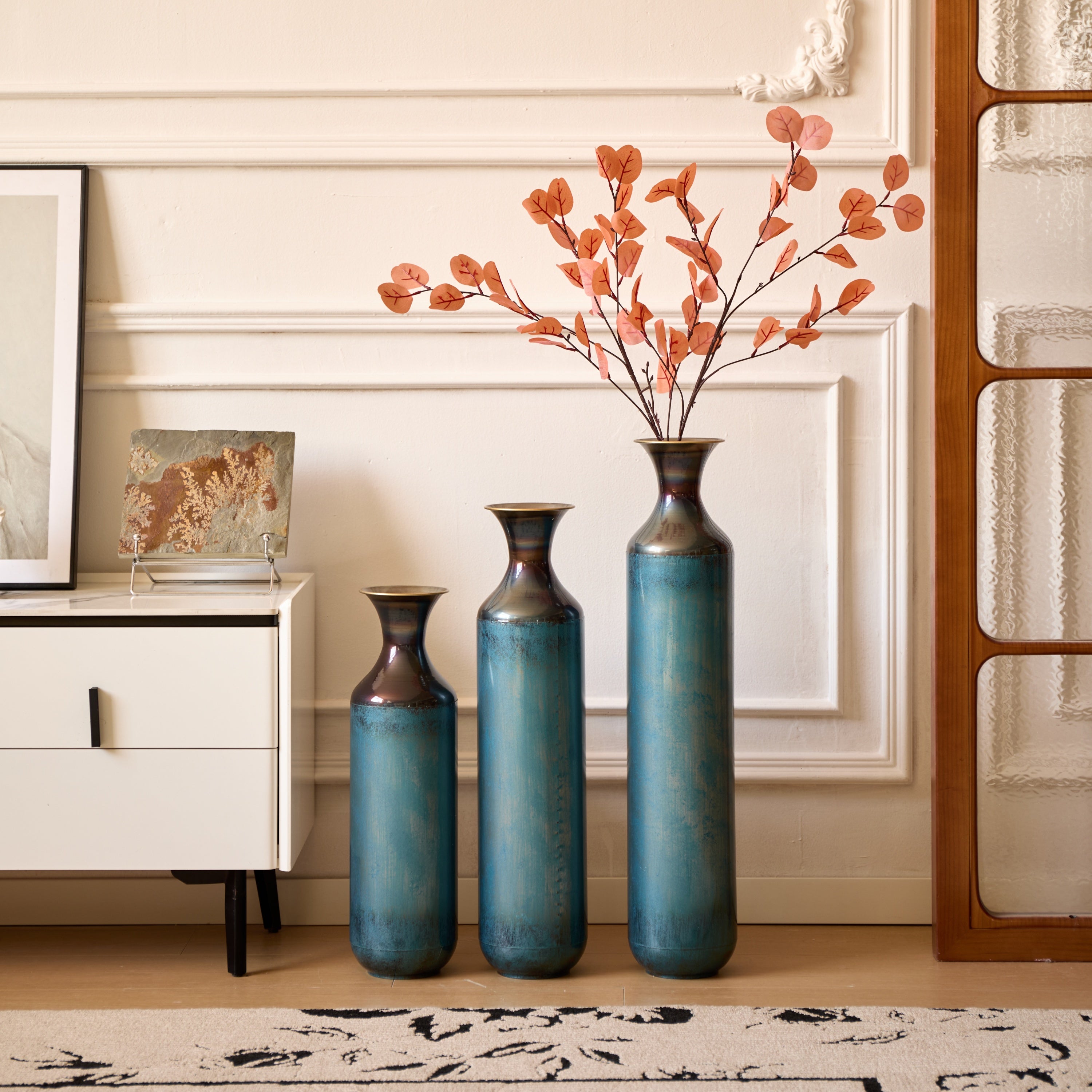 Modern Droplet-Shaped Floor Vase Set – Aqua Blue Glazed Metal Decorative Vases – 3-Piece Home Decor in 20.4 In, 24.4 In & 28.34 In Heights