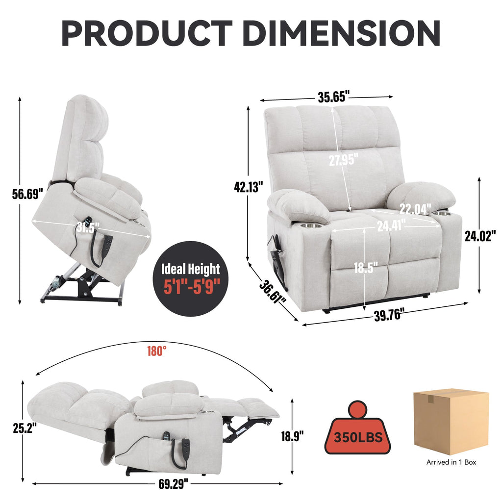 Beige Dual Motor Infinite Position Up to 350 LBS Chenille Power Lift Recliner Chair, Heavy Duty Motion Mechanism with 8-Point Vibration Massage and Lumbar Heating, Dual Cup Holders