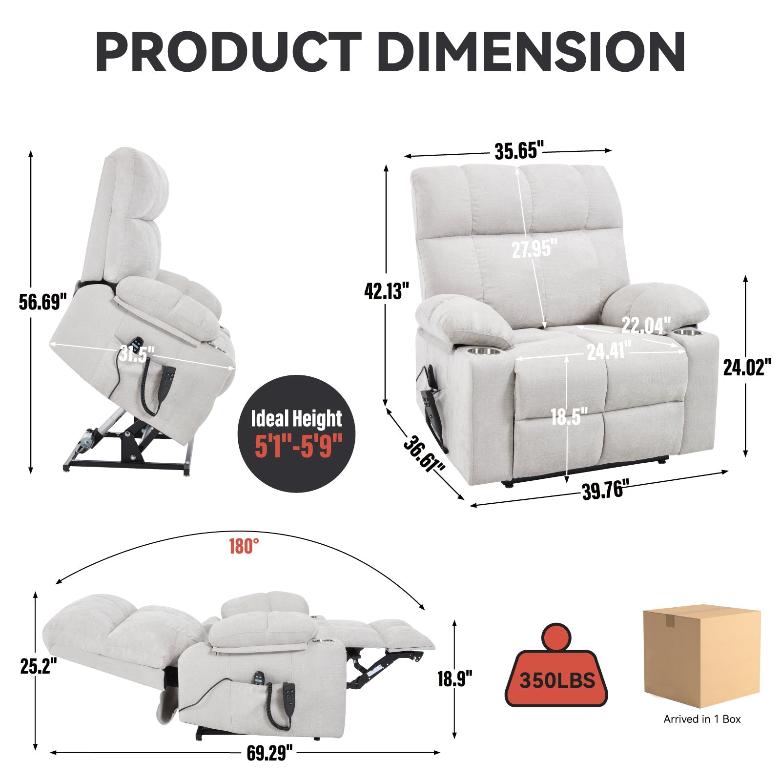 Beige Dual Motor Infinite Position Up to 350 LBS Chenille Power Lift Recliner Chair, Heavy Duty Motion Mechanism with 8-Point Vibration Massage and Lumbar Heating, Dual Cup Holders