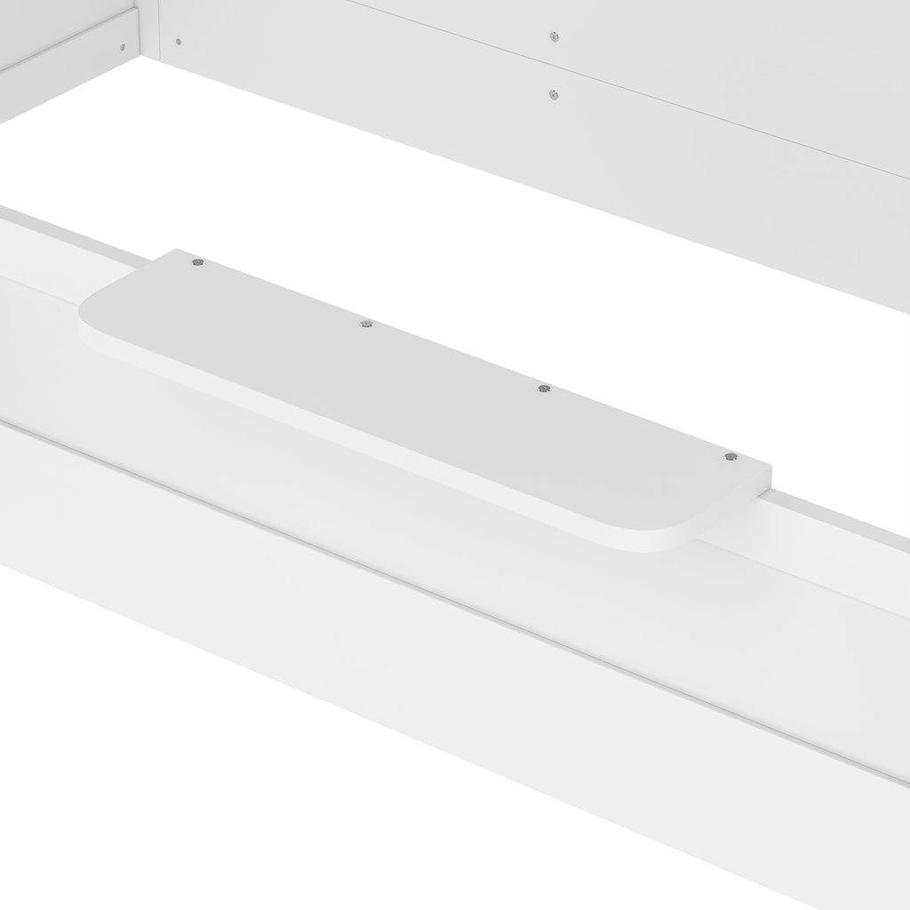 Twin Size Floor Bed with Guardrails and Roof, Kids House Floor Bed with a Small Built-in Tray and Free-installed Signboard, Childlike Design, White