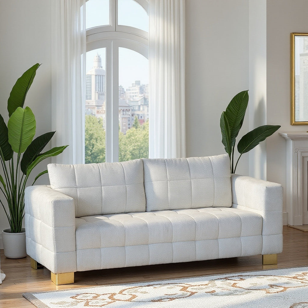 FX-P54-BE SOFA  Contemporary Beige Chenille Couch, Deep-Seat 3-Person Sofa with Wide Armrests & Brushed Stainless-Steel Block Legs Soft Upholstered Sofa for Living Room