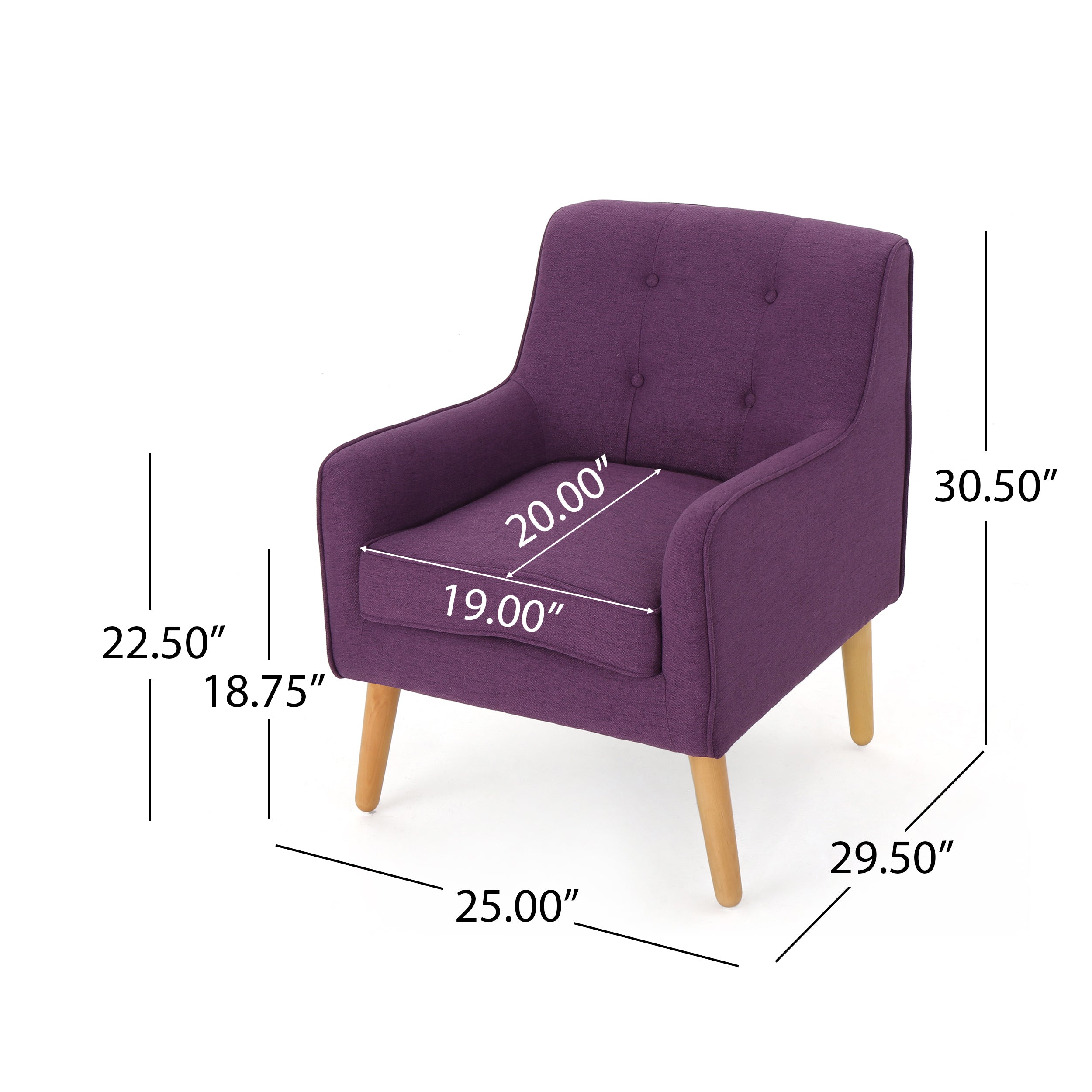 Mid-Century Modern Arm Chair with Tufted Back in Purple Fabric and Birch Wood Legs