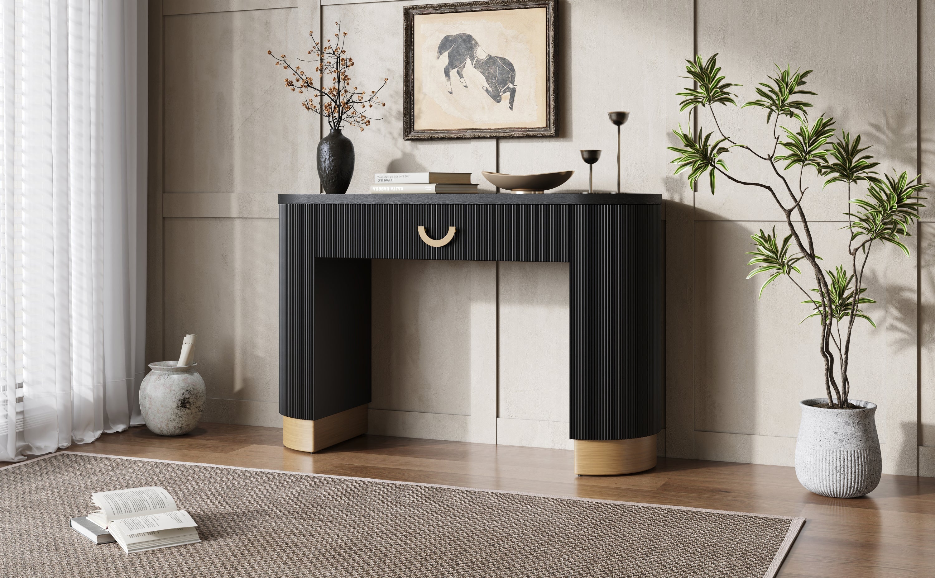 Mirod Modern Console Table with Vertical Ribbed Design, Compact Storage with Functional Drawer
