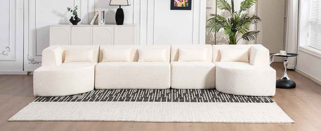 144' Upholstered Sofa Free-combined Sofa Couch with Two Chaise Lounge and Five Back Pillows for Living Room(Old SKU: N719S001600A), Beige