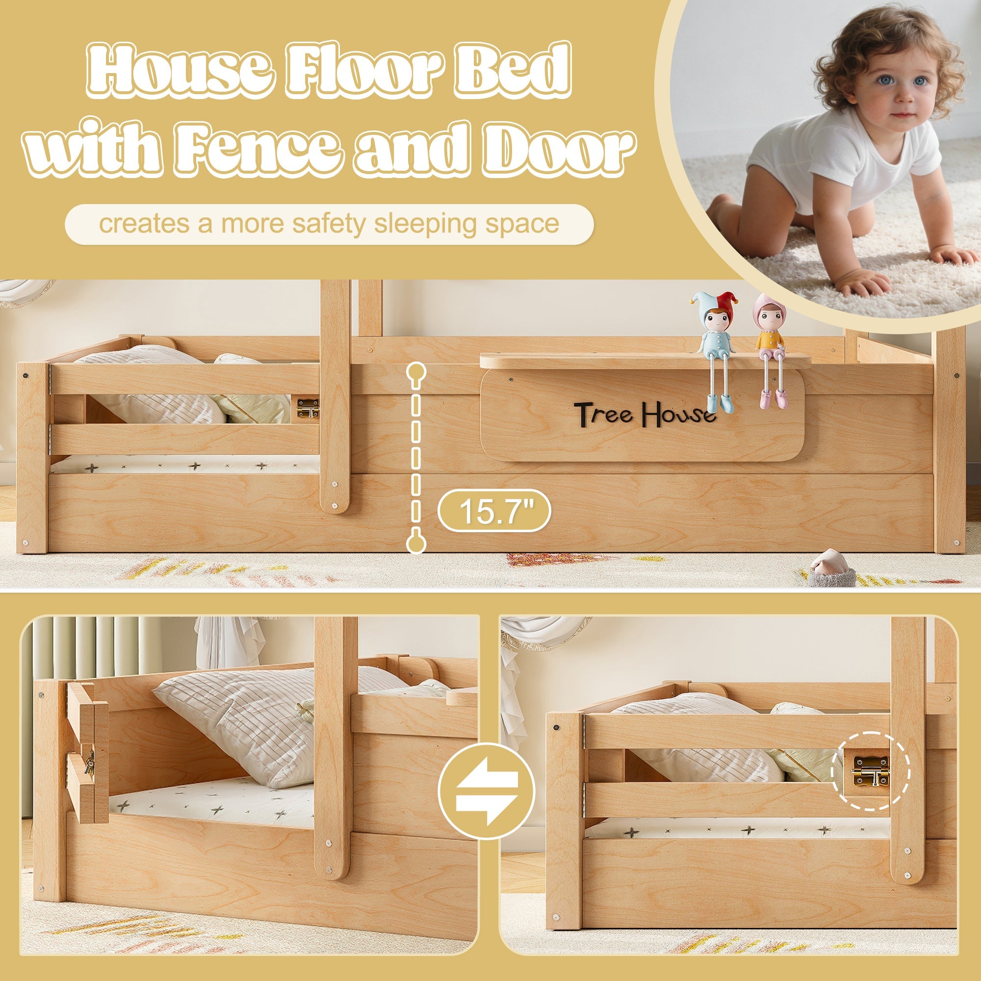 Queen Size Floor Bed with Guardrails and Roof, Kids House Floor Bed with a Small Built-in Tray and Free-installed Signboard, Childlike Design,Natural