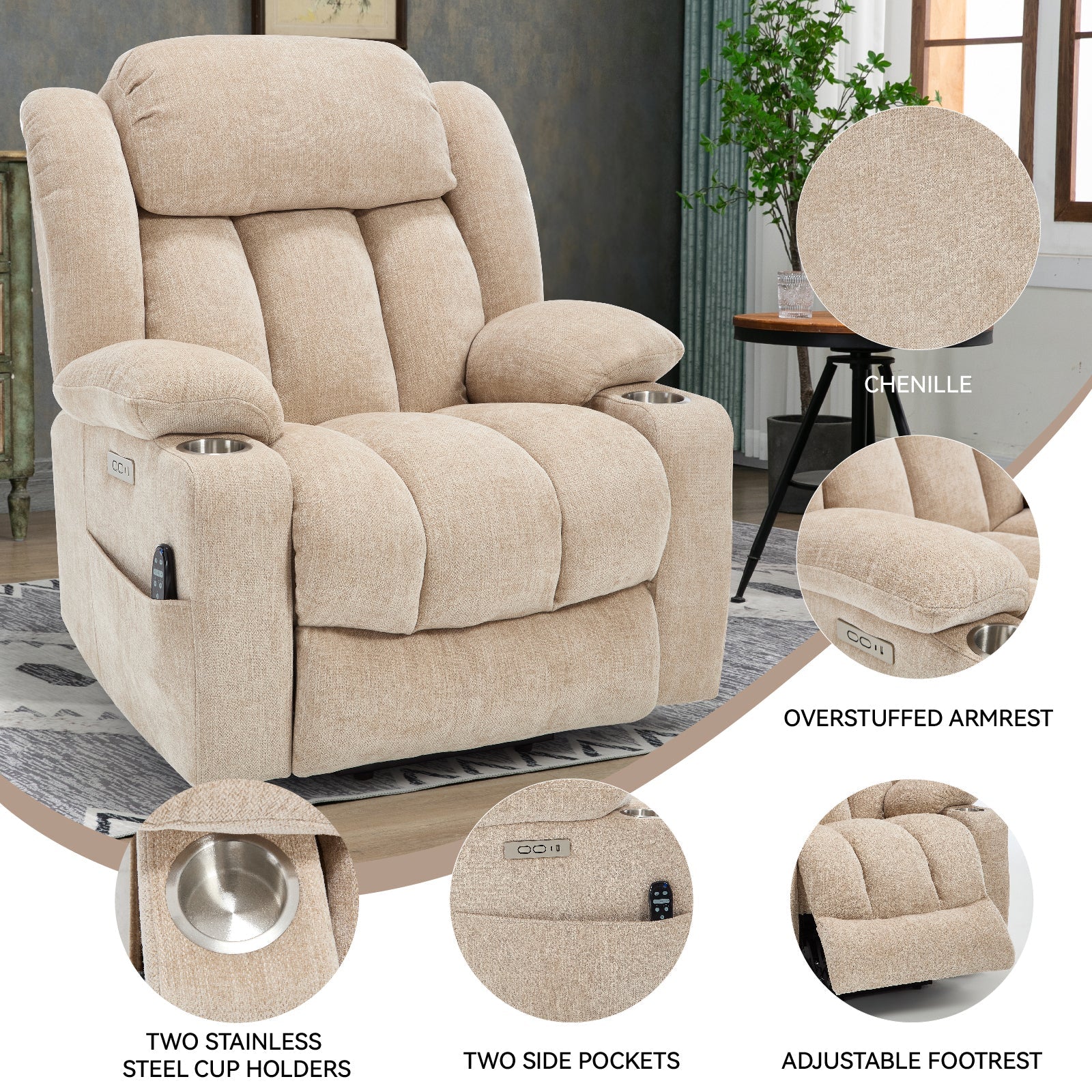 Up to 350 LBS Chenille Power Lift Recliner Chair, Heavy Duty Motion Mechanism with 8-Point Vibration Massage and Lumbar Heating, USB and Type-C Ports, Stainless Steel Cup Holders, Beige