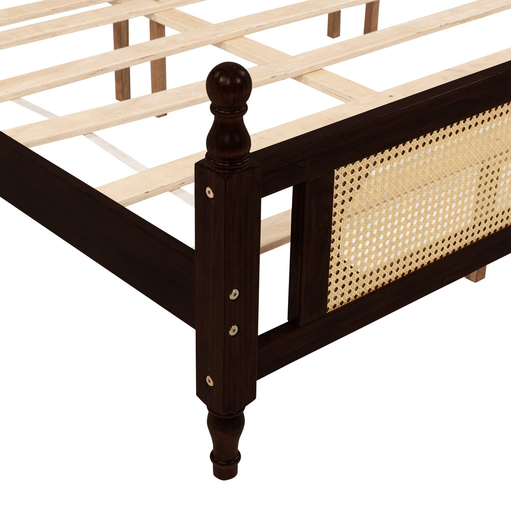 King Pine wooden Bed with Rattan Headboard  and Footboard, with  Central Enhanced Bed Platform ,Espresso