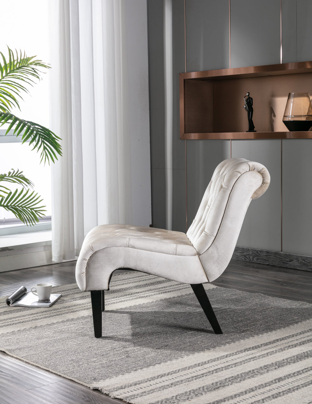 COOLMORE Modern Velvet Armless Accent Living Room Chair / Leisure Chair,Upholstered Fabric Button Comfortable Chair with Wooden Legs for Bedroom, Living Room, Office (Beige Velvet)