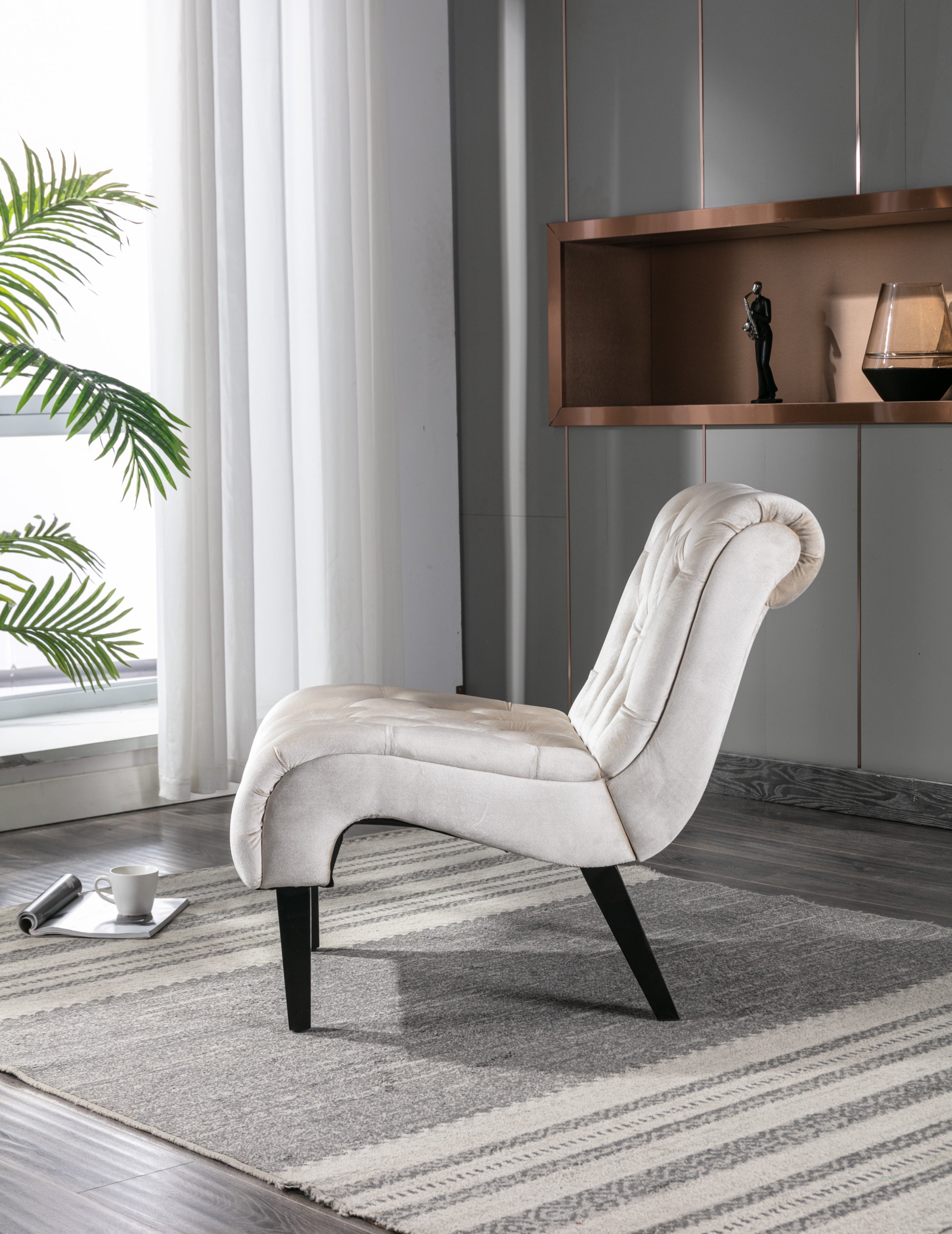 COOLMORE Modern Velvet Armless Accent Living Room Chair / Leisure Chair,Upholstered Fabric Button Comfortable Chair with Wooden Legs for Bedroom, Living Room, Office (Beige Velvet)