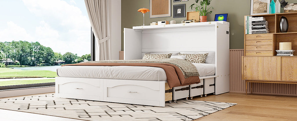 Queen Size Murphy Bed Wall Bed with drawer and a set of Sockets & USB Ports, Pulley Structure Design, White(OLD SKU: LP100671AAK)