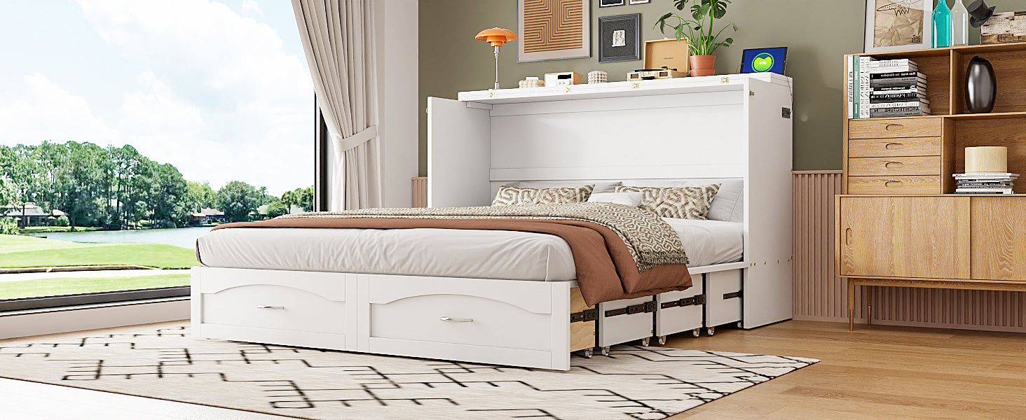 Queen Size Murphy Bed Wall Bed with drawer and a set of Sockets & USB Ports, Pulley Structure Design, White(OLD SKU: LP100671AAK)