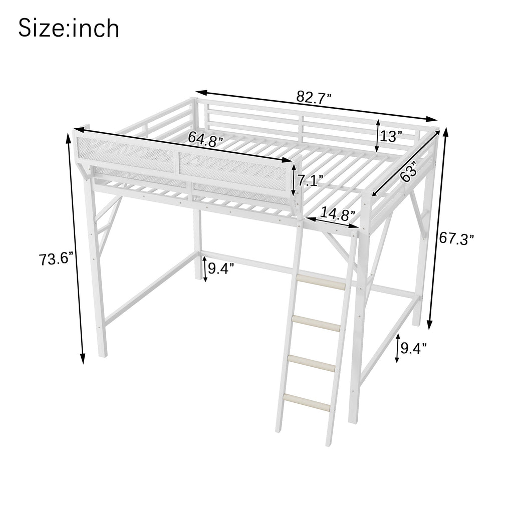 Queen Size Loft Bed with Ladder, Metal Queen Loft Bed with Storage Shelves, High Loft Bed for Kids Teens, White(Expect Arrival Date 2025/12/3  Old SKU W2580P351278)