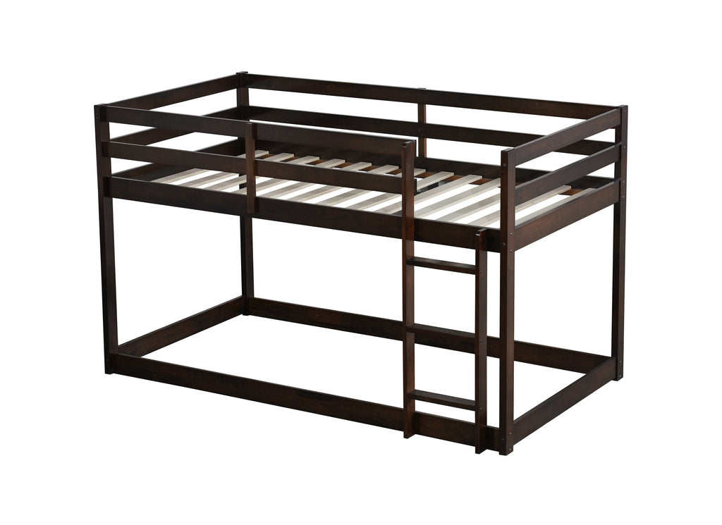 Solid Wooden, Solid Rubber Wooden Twin over Twin Floor Bunk Bed with Ladder, with Bed Platform of Strengthened Slats  , Espresso
