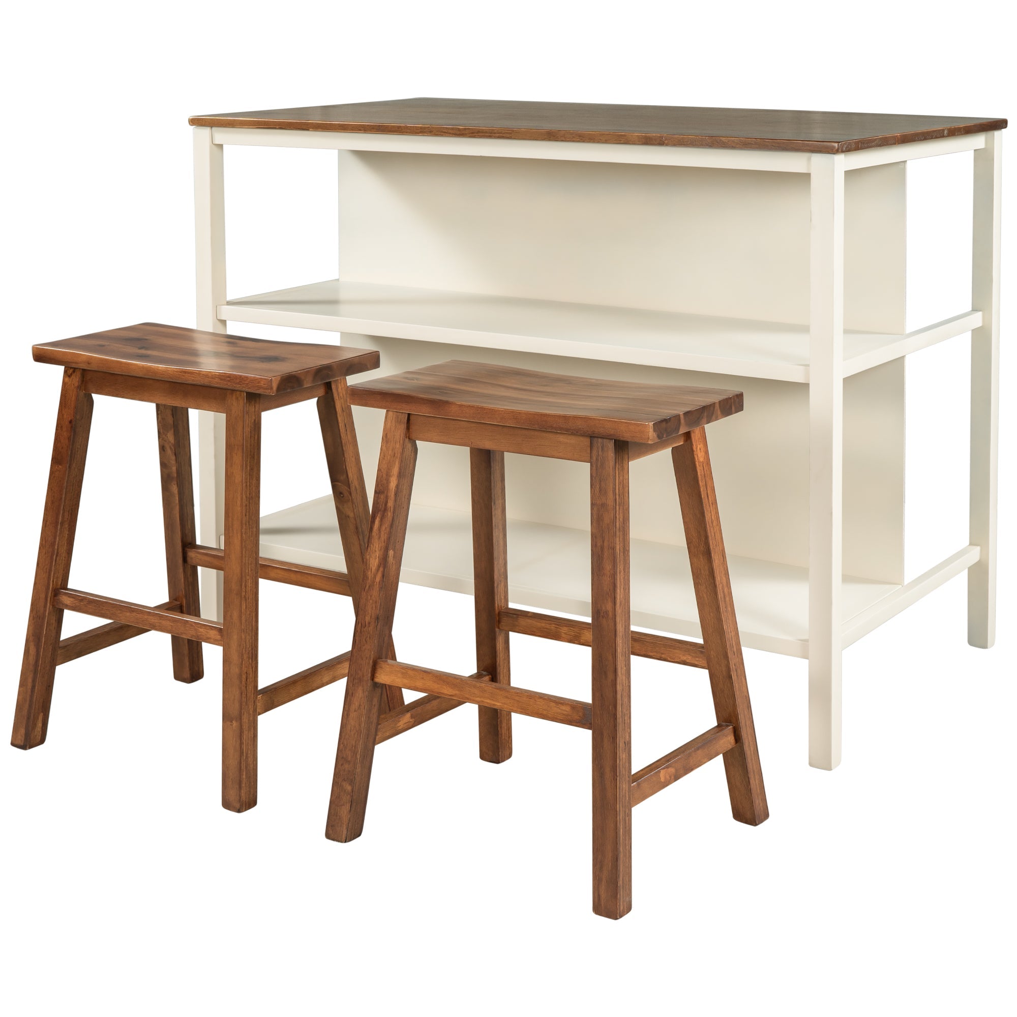 TOPMAX Rustic 3-piece Stationary Kitchen Island Set with Butcher Block and Seating, Walnut and Cream White