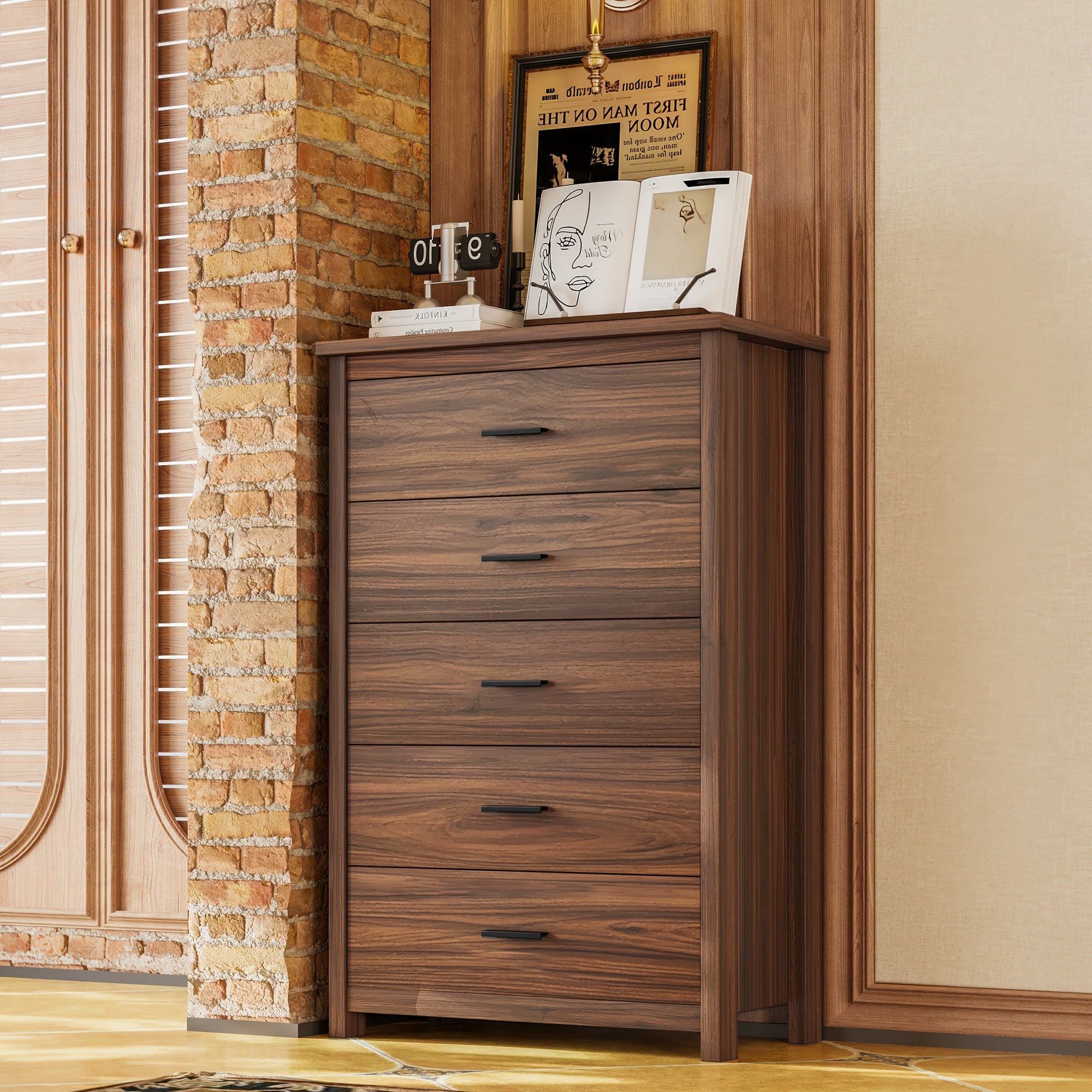 4PCS Bedroom Sets, Wooden Queen Size Bed Frame with Storage Headboard and Charging Station, 2 Nightstands with 2 Drawers, 1 Dresser with 5 Drawers, Walnut(old SKU HL000102AAD)