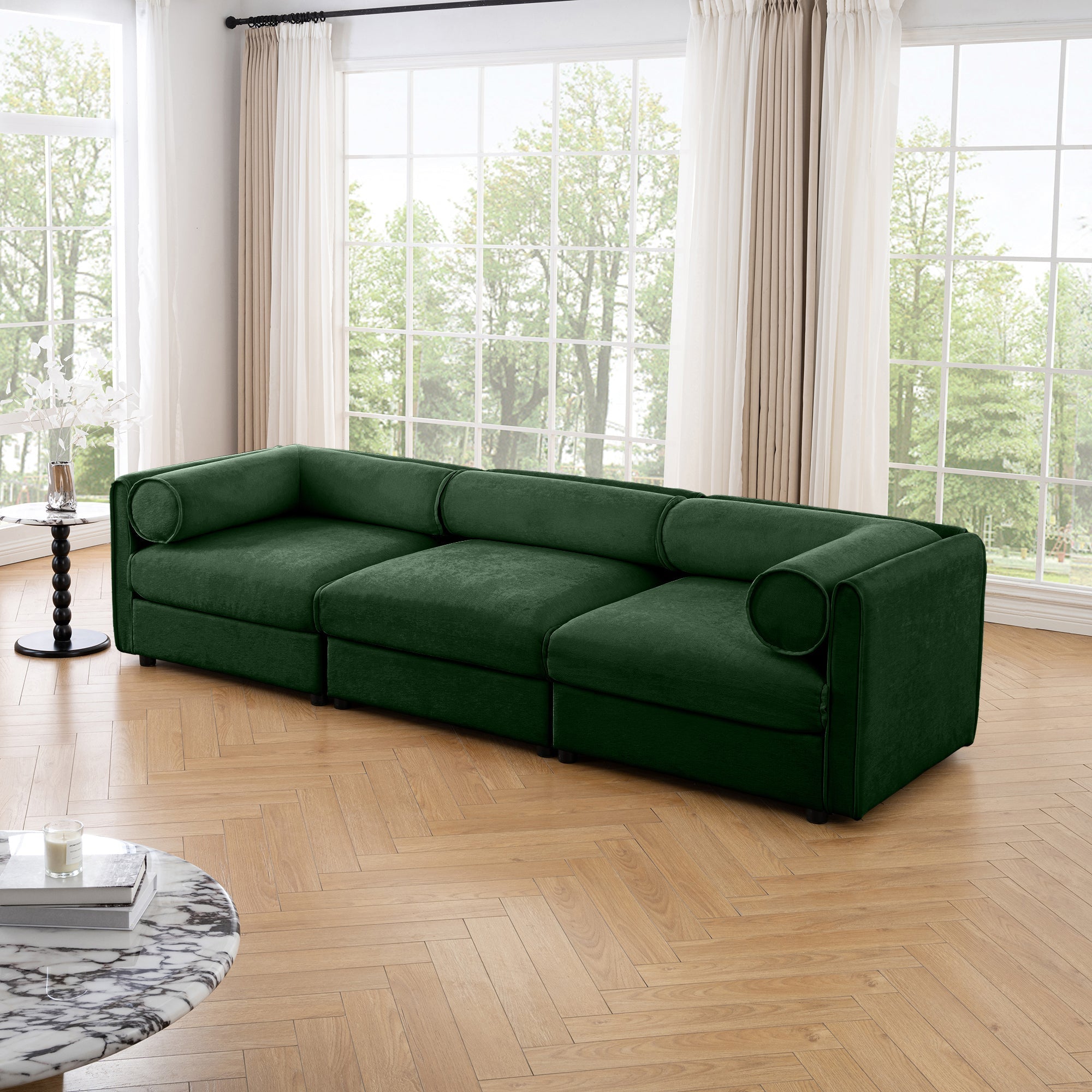 Elegant Green Chenille  Sofa with Storage Seat, Cylindrical Backrest and Armrests, Contemporary 3-Seater Fabric Couch with Hidden Storage Compartment