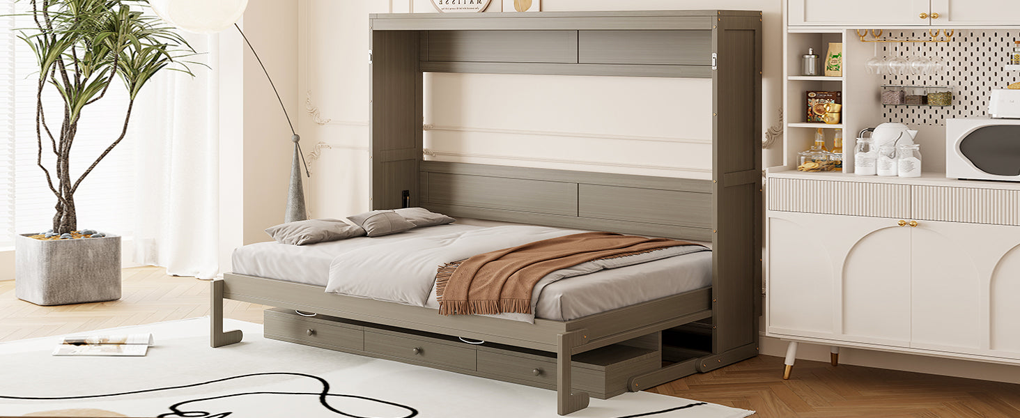 Queen Size Wall Murphy Bed with Storage, Foldable Cabinet Bed with Vanity Desk, Center Mirror & 2 Side Drawers, Distressed Gray