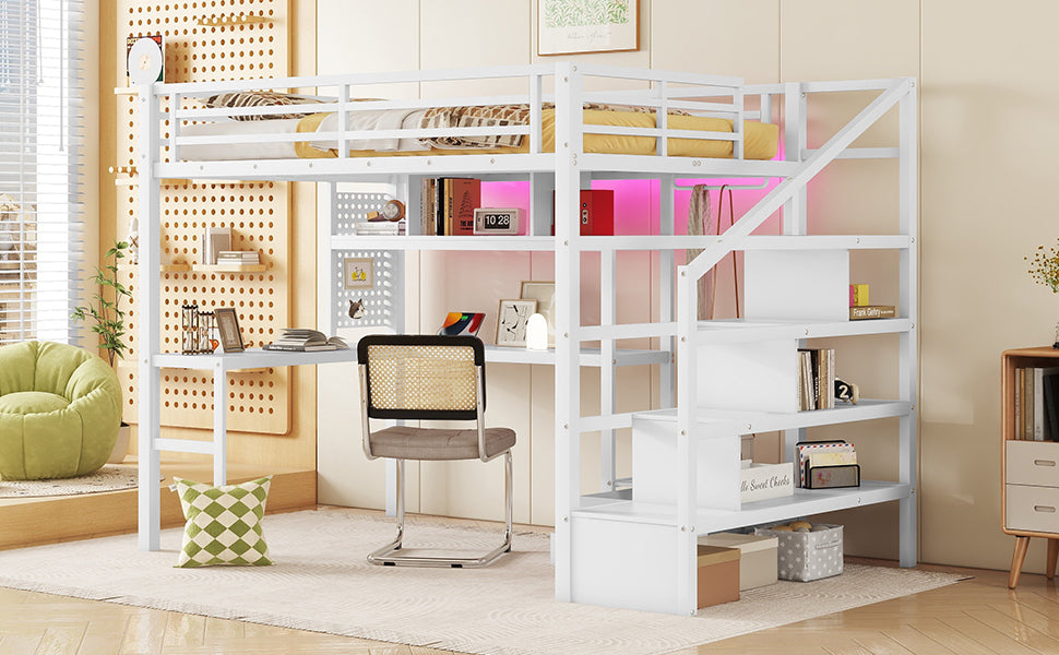 Full Size Loft Bed with LED Light & Charge Station, Metal Loft Bed with Desk and Staircase, Loft bed with Wardrobe for Kids, White (Expect Arrival Date 2025/4/30)