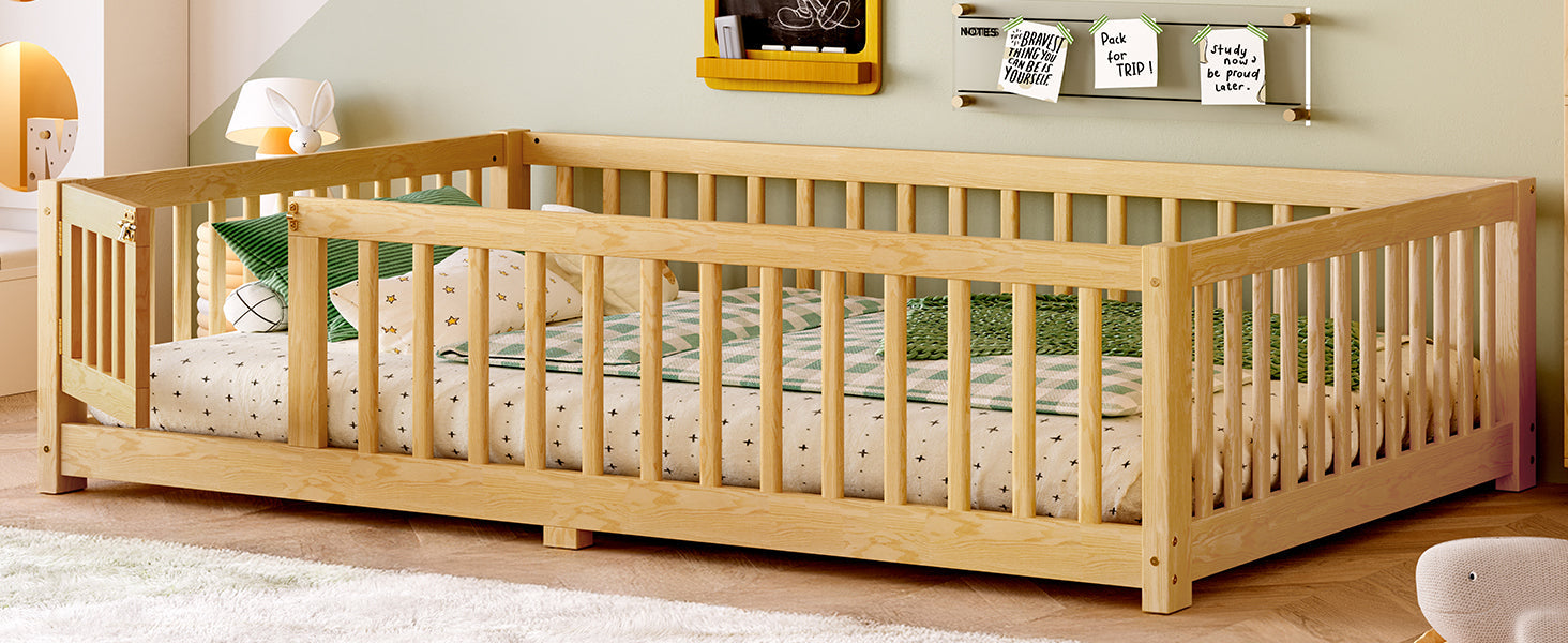 Full Size Bed Floor Bed with Safety Guardrails and Door for Kids, Natural(Old SKU:  W1580P154627)