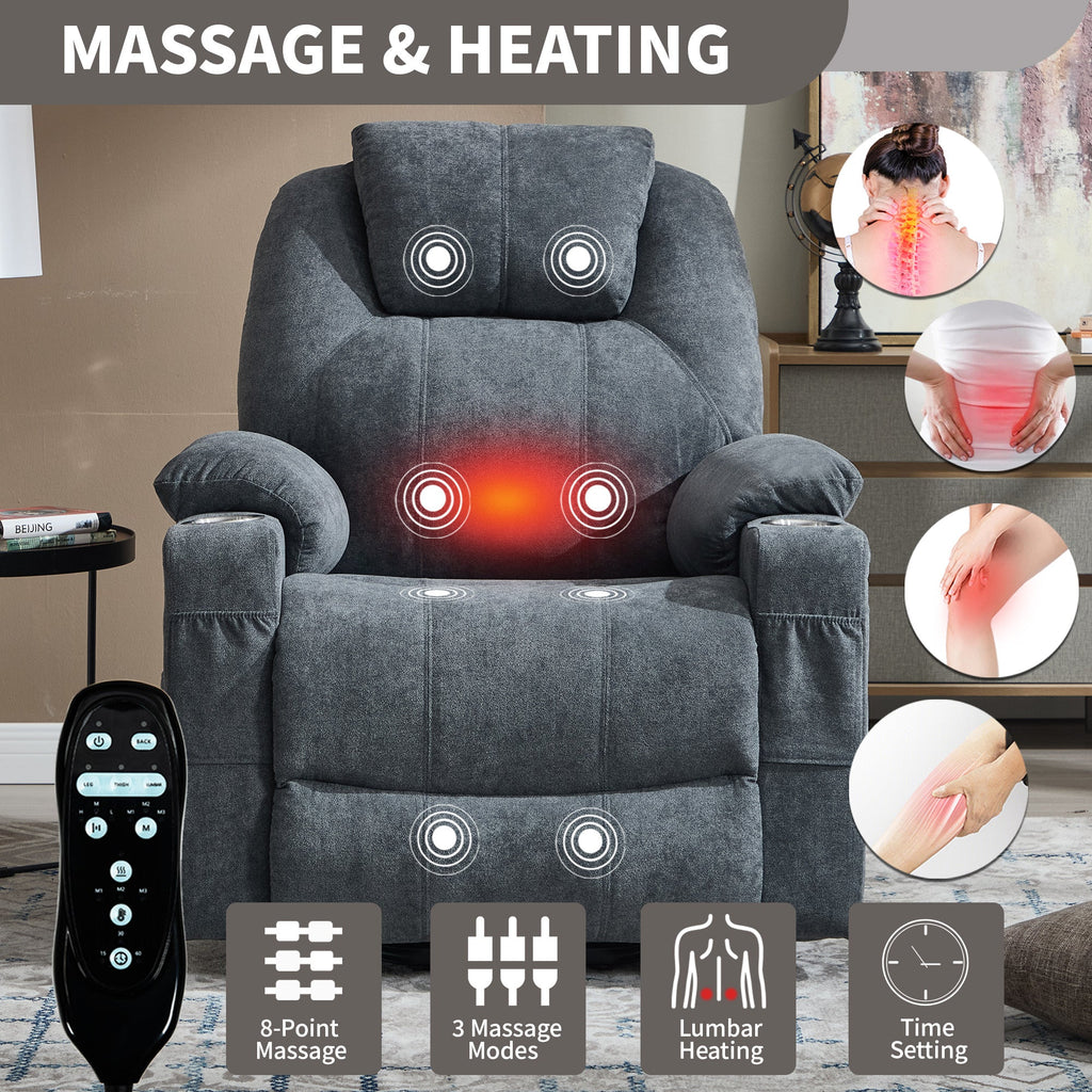 Up to 350 LBS polyester Power Lift Recliner Chair, Heavy Duty Motion Mechanism with 8-Point Vibration Massage and Lumbar Heating, USB and Type-C Ports, Stainless Steel Cup Holders, Grey