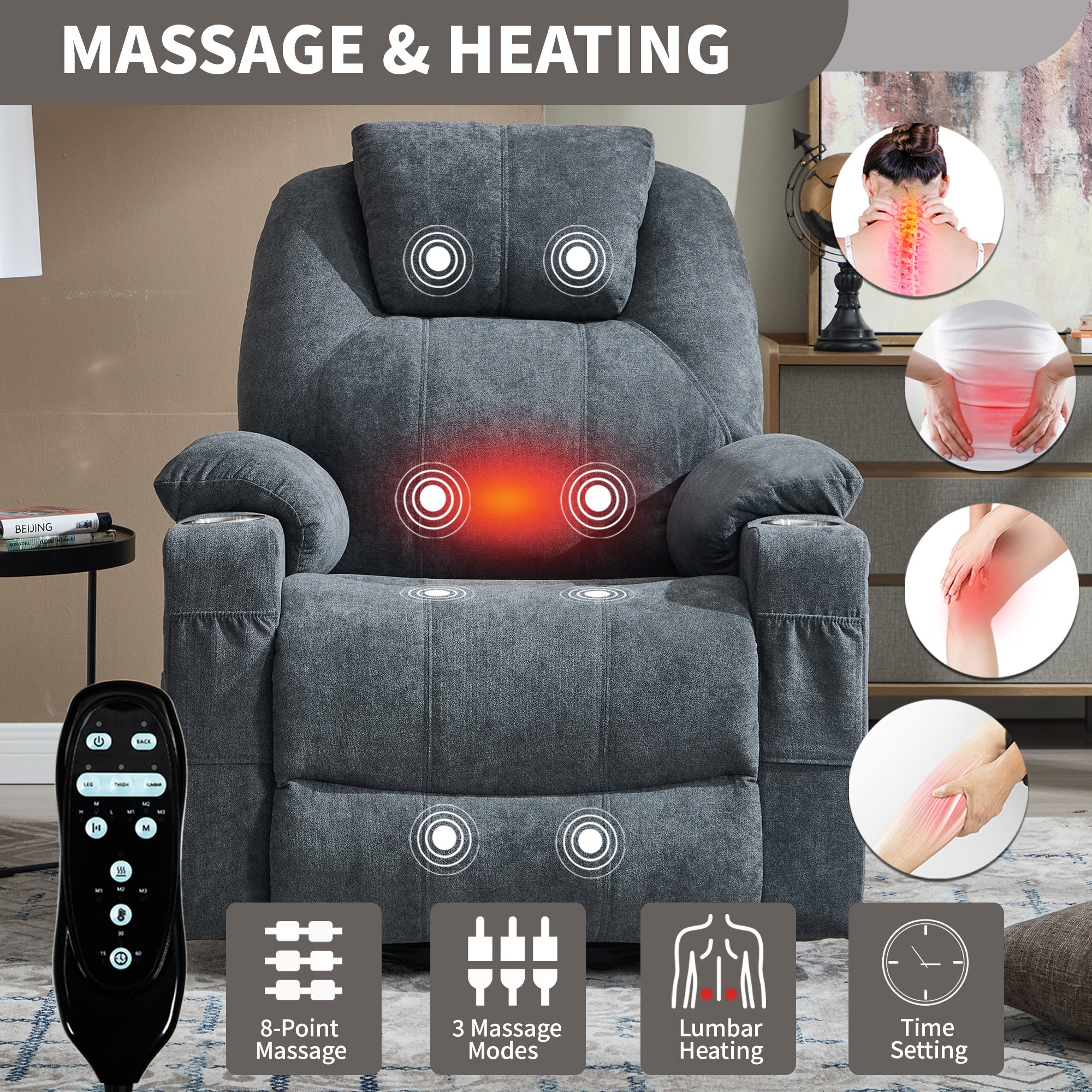 Up to 350 LBS polyester Power Lift Recliner Chair, Heavy Duty Motion Mechanism with 8-Point Vibration Massage and Lumbar Heating, USB and Type-C Ports, Stainless Steel Cup Holders, Grey