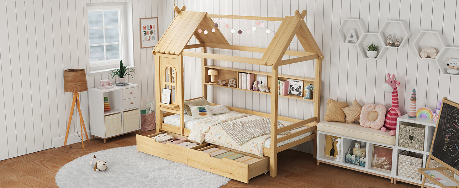 Twin house Beds with Storage Drawers and Window, Solid Wood House Platform Bed Frame with shelves, for Kids, Girls, Boys, No Spring Box Needed and Childlike Design, Natural