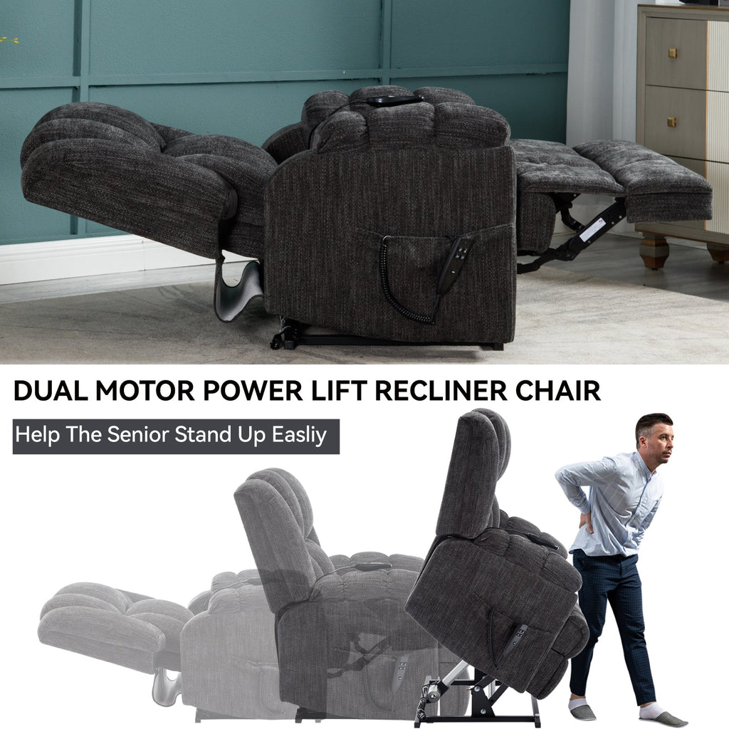 Dual Motor Heat Massage Infinite Position Up to 350 LBS Electric Power Lift Recliners with Power-Remote, Medium-firm and Heavy Duty, Grey