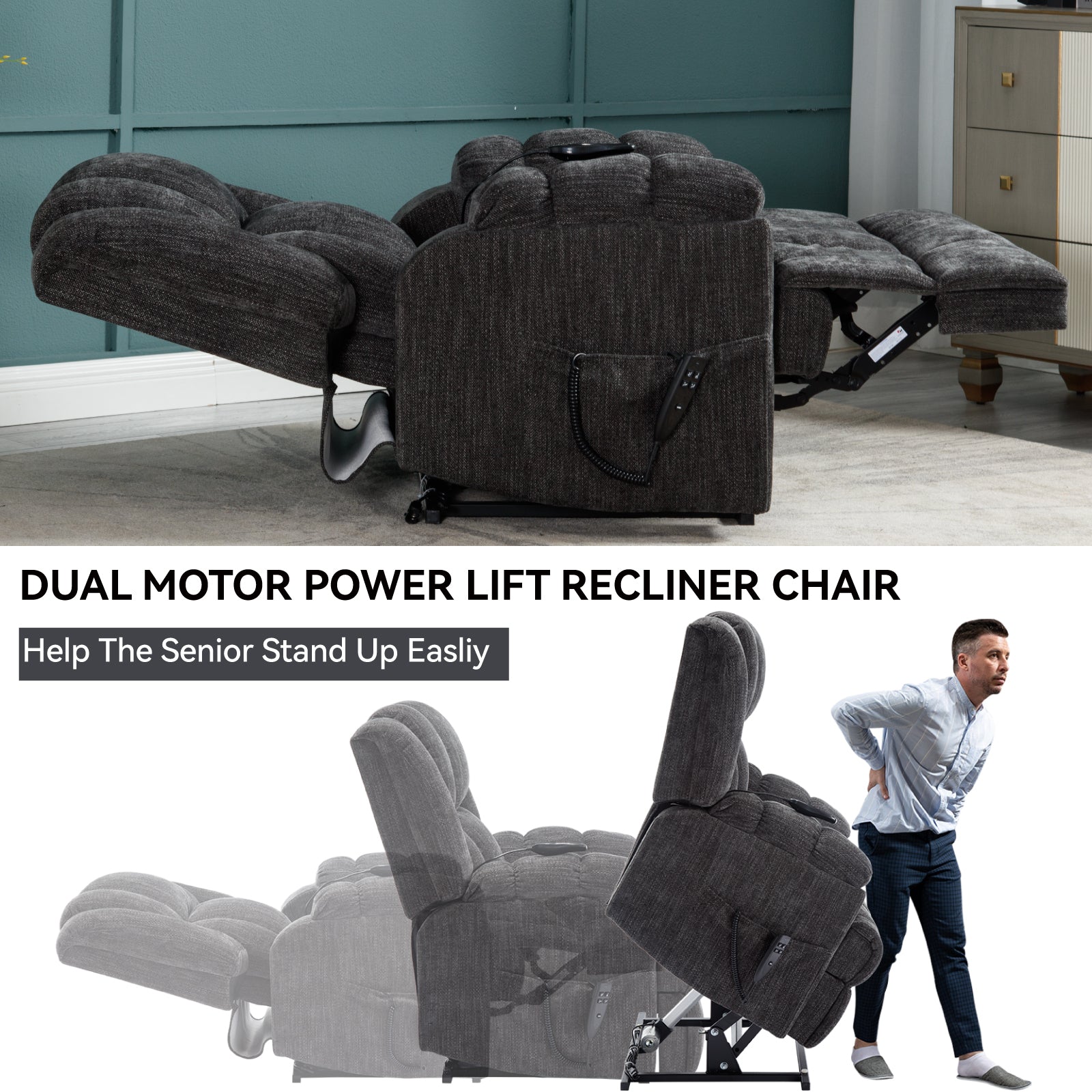 Dual Motor Heat Massage Infinite Position Up to 350 LBS Electric Power Lift Recliners with Power-Remote, Medium-firm and Heavy Duty, Grey