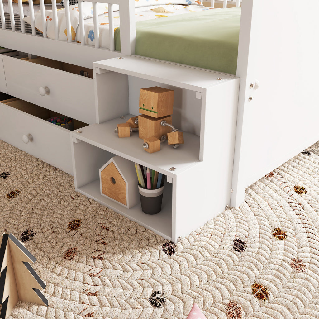 Low Loft Bed with LED Lights, Wooden Twin Loft Bed with House Shape Headboard, Kids Loft Bed with Storage Drawers, White (Expect Arrival Date 2025/1/20)