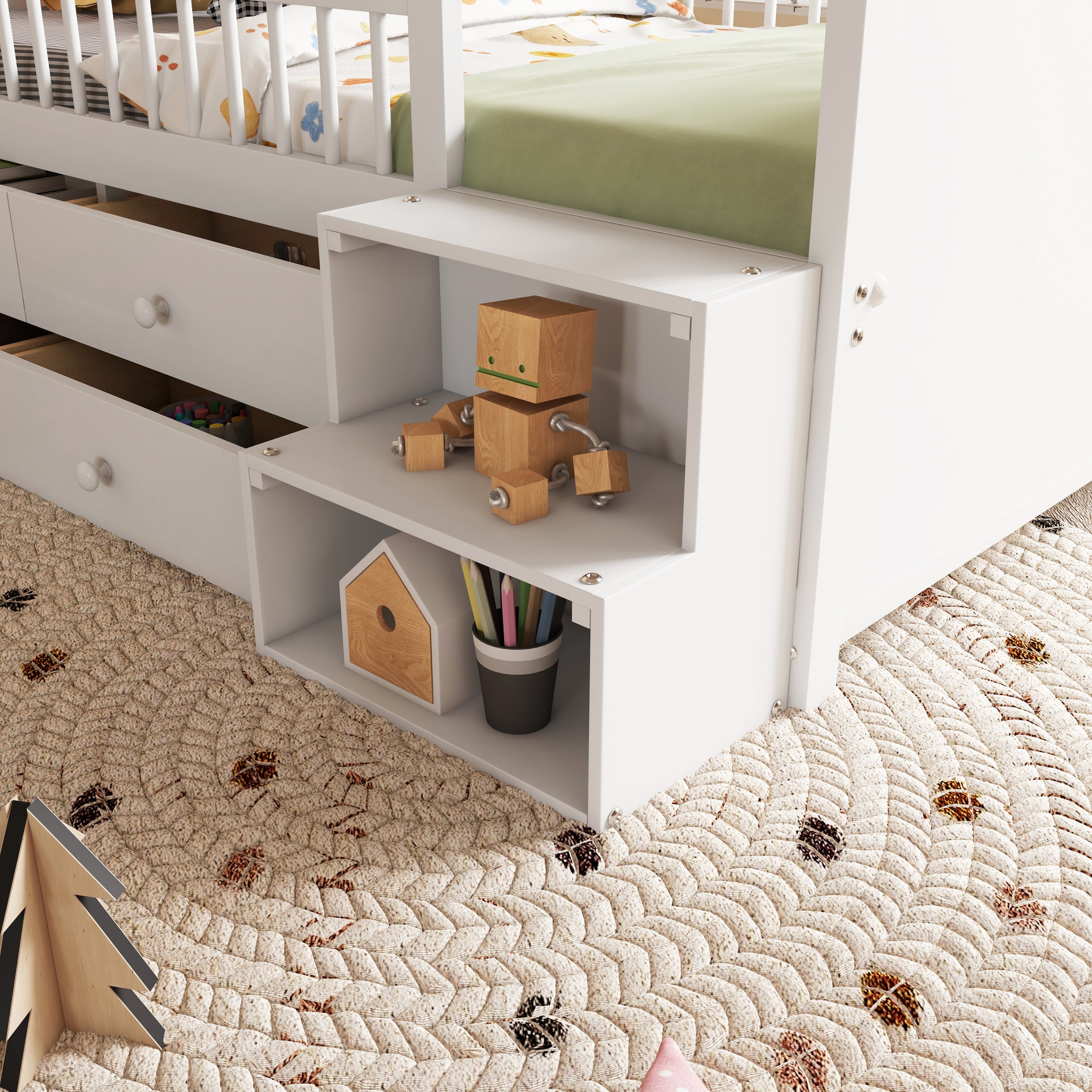 Low Loft Bed with LED Lights, Wooden Twin Loft Bed with House Shape Headboard, Kids Loft Bed with Storage Drawers, White (Expect Arrival Date 2025/1/20)