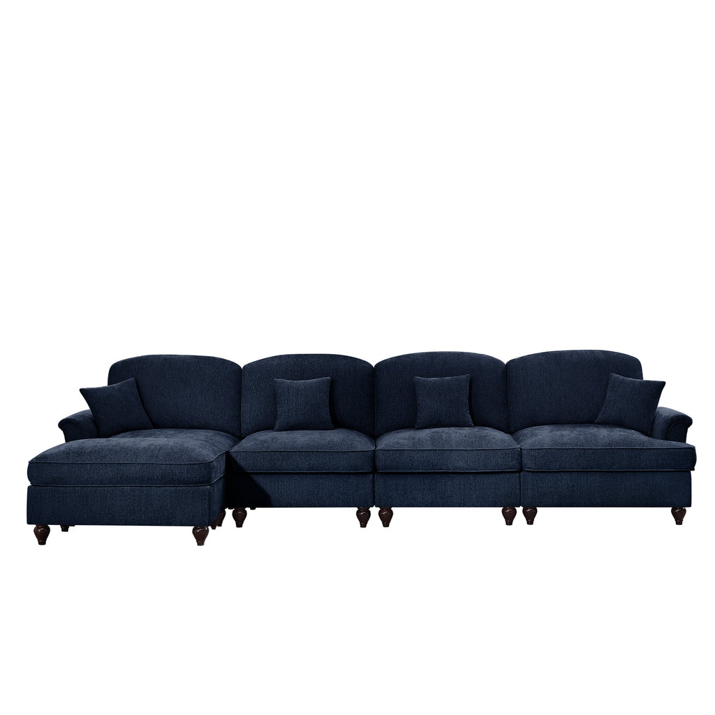Classic Three Seater Modular L Shaped Sectional Couch with Flared Arms and Removable Ruffles Pleats Skirts and Spindle Legs, Comfy Chenille Four-Seat Deep Seat Sofa with Movable Ottoman, Blue