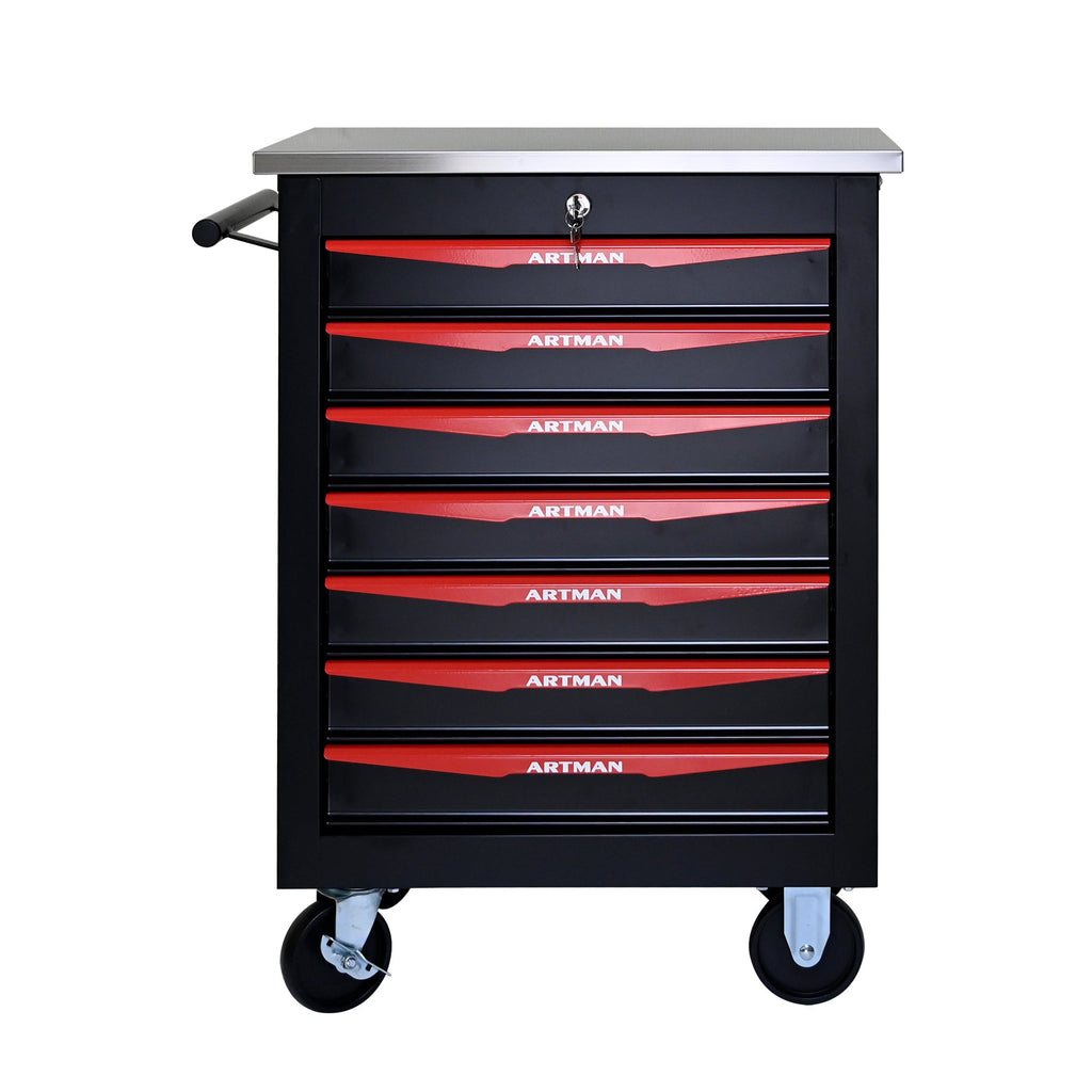 7-Drawer Multifunctional Tool Cart with Wheels, Metal Rolling Tool Cart Storage for Garage Workshop Warehouse Repair Shop - with Stainless Steel Roof - Black & Red