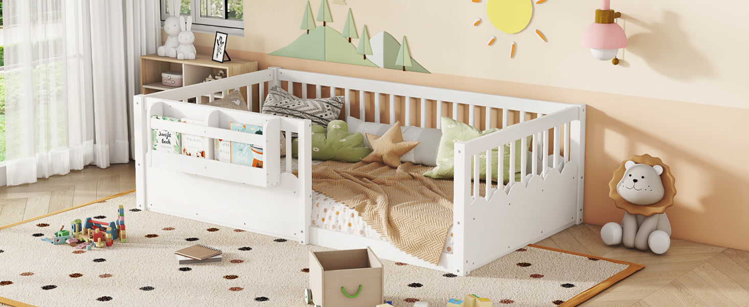 Twin Floor bed with Heightened Fence and bookshelf ,Wood Floor Bed for Kids, White.