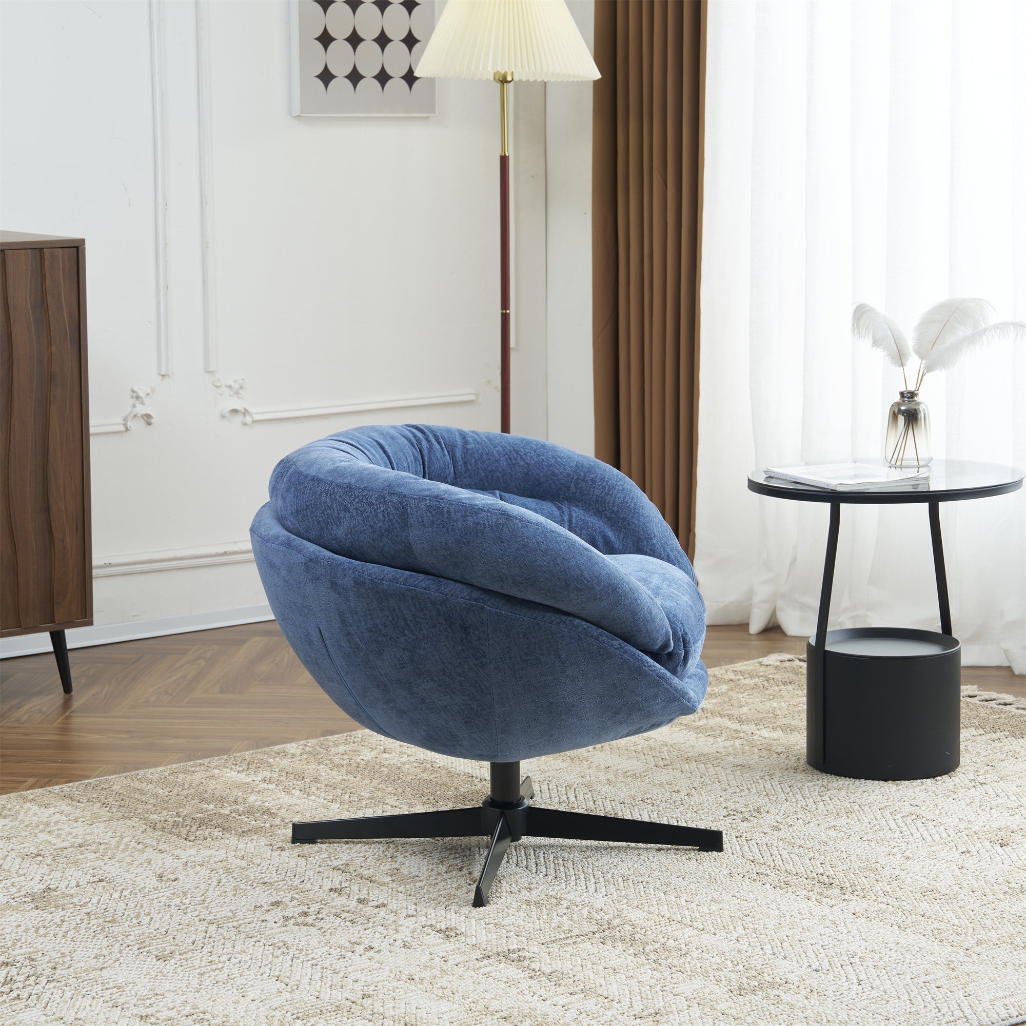Modern Chenille Office Chair, 360° Swivel Accent Chair with Removable Cushion, Round Office Chair, Black Metal Base, Cotton Material, Living Room, Bedroom, Reading Corner, Office (Navy Blue)