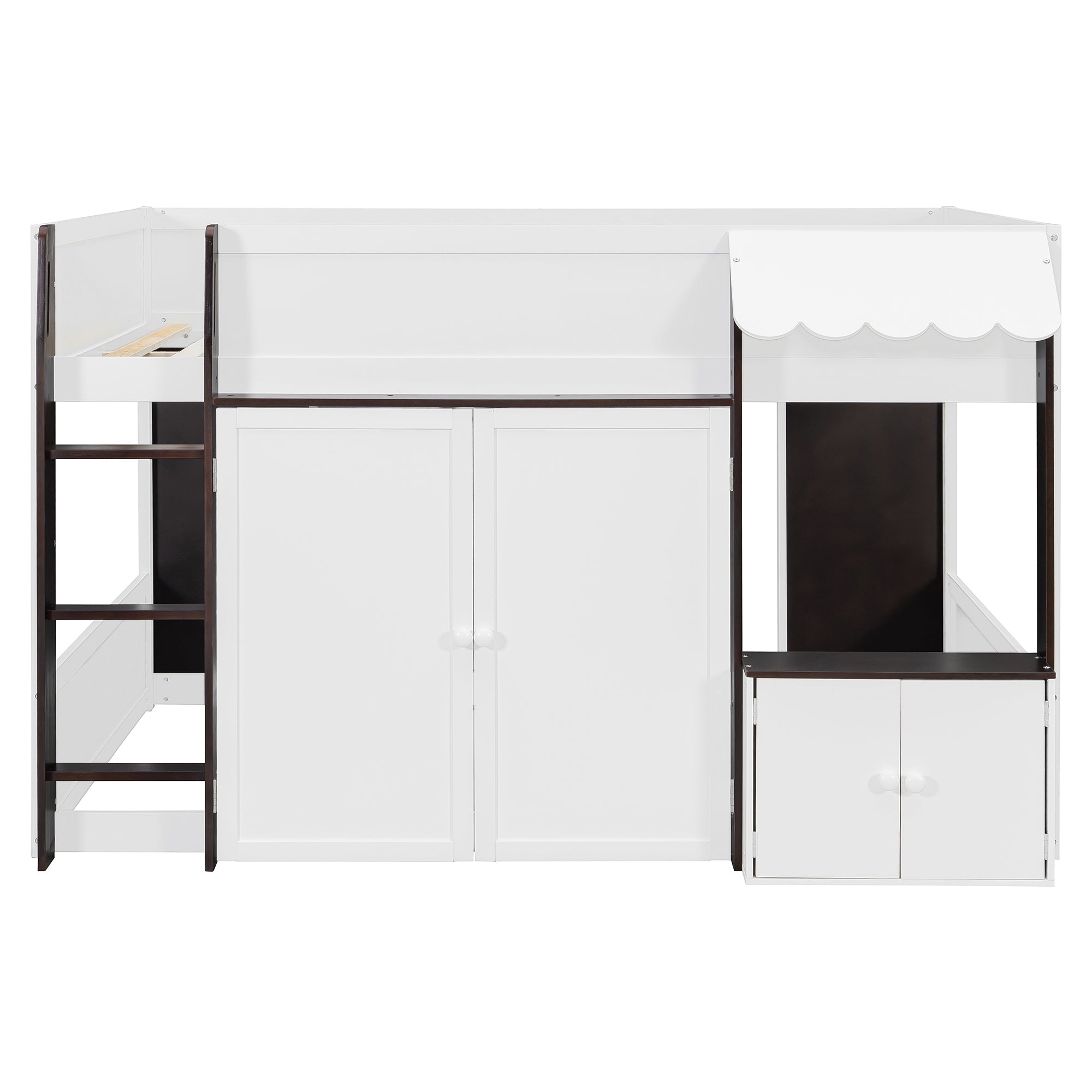 Full Loft House Bed with Playhouse & Storage, Modern Wood Cabin Bed for Kids/Teens, White+Espresso