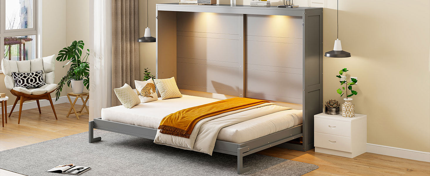Queen Size Murphy Bed Wall Bed Modern design with LED Lights,Gray(OLD SKU:LP100973AAE)