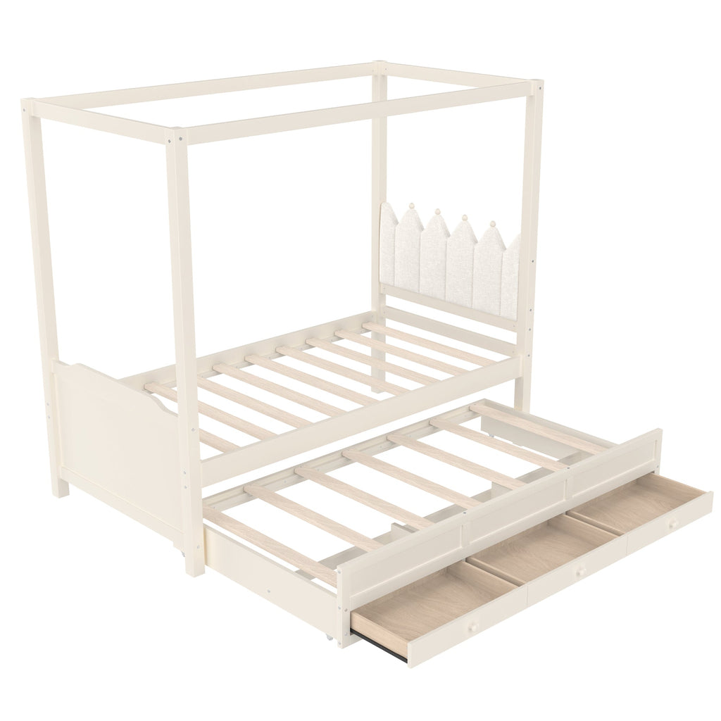 Twin Platform Bed with Upholstered Headboard,Twin Size Trundle and 3 Drawers,Princess Canopy Bed Frame for Kids,Storage & Easy Assembly,Beige