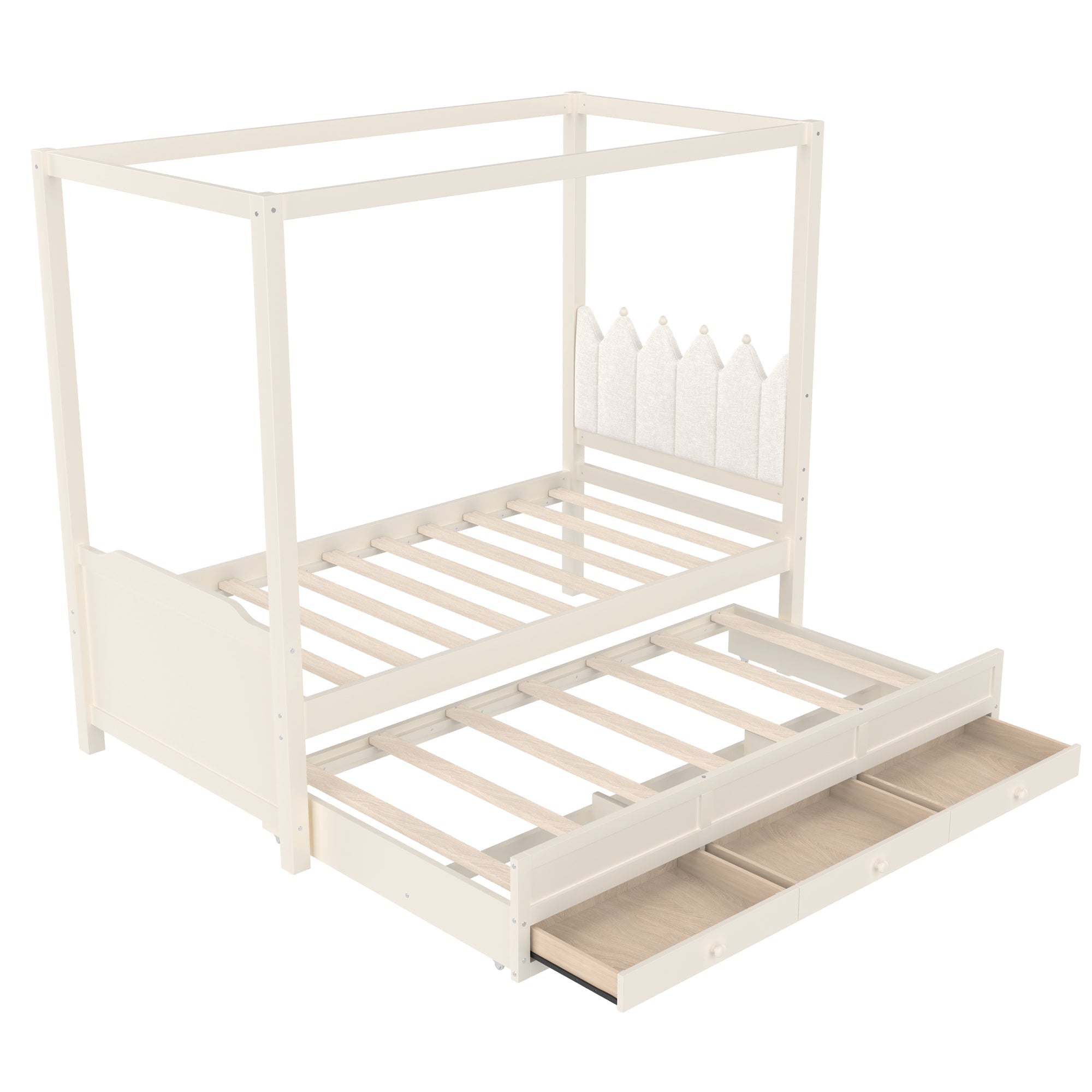 Twin Platform Bed with Upholstered Headboard,Twin Size Trundle and 3 Drawers,Princess Canopy Bed Frame for Kids,Storage & Easy Assembly,Beige
