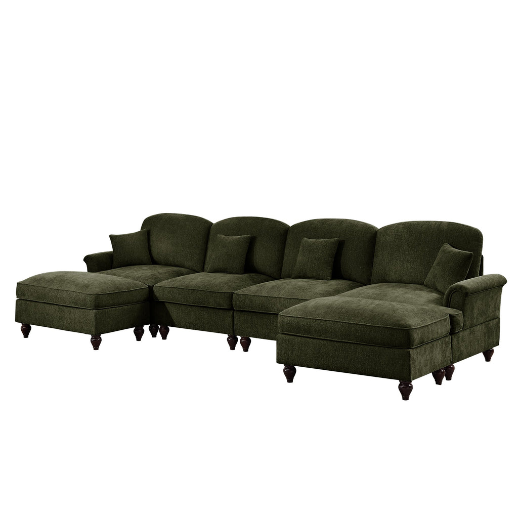 Classic U Shape 4 Seater Modular Sectional Sofa Couch with Flared Arms and Removable Ruffles Pleats Skirts and Spindle Legs, Chenille Deep Seat Cloud Sofa with Movable Ottomans, Green
