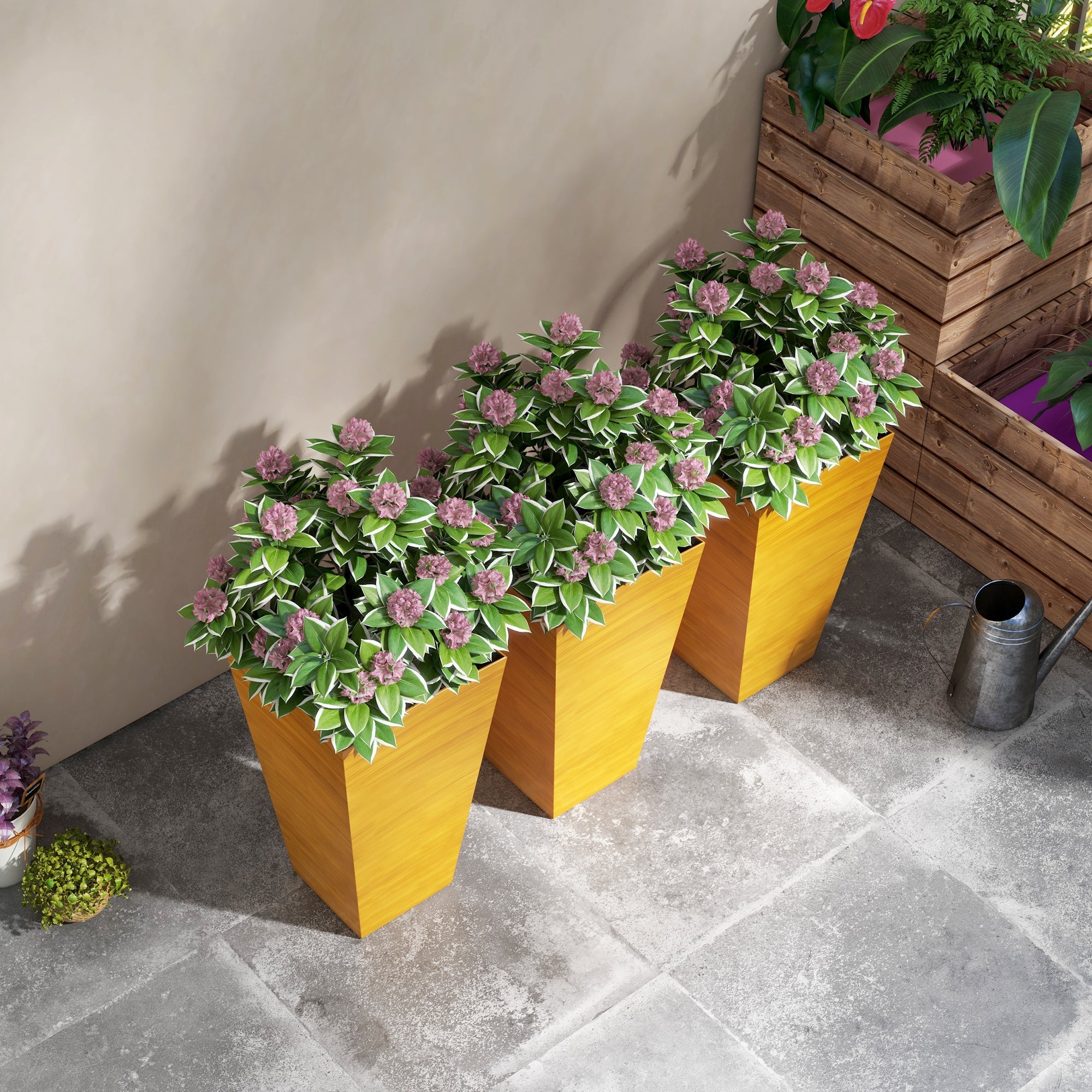 Outsunny 28' Tall Outdoor Planters Set of 3 with Drainage Holes Faux Wood Plastic Flower Pots for Garden Patio Tan