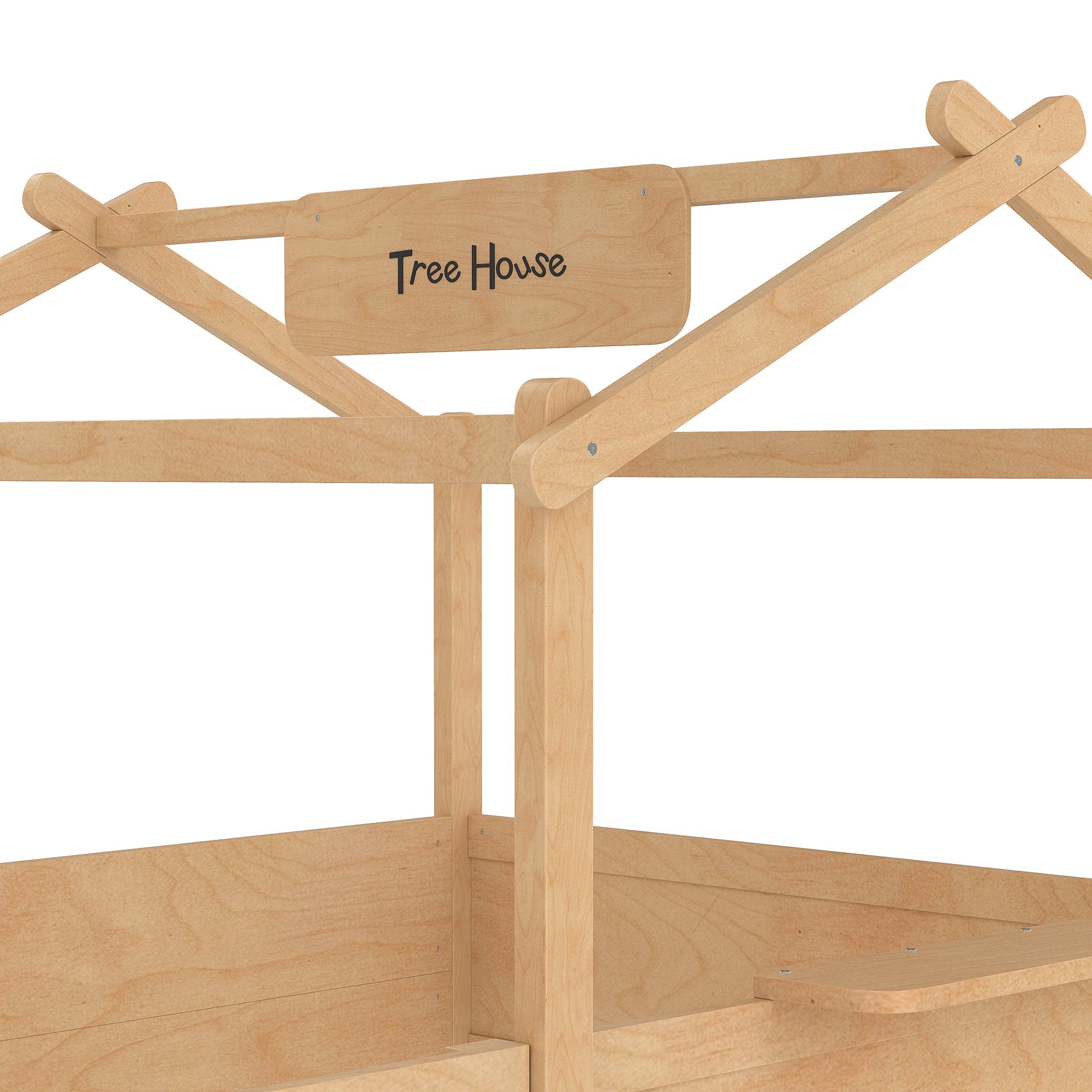 Full Size Floor Bed with Guardrails and Roof, Kids House Floor Bed with a Small Built-in Tray and Free-installed Signboard, Childlike Design, Natural