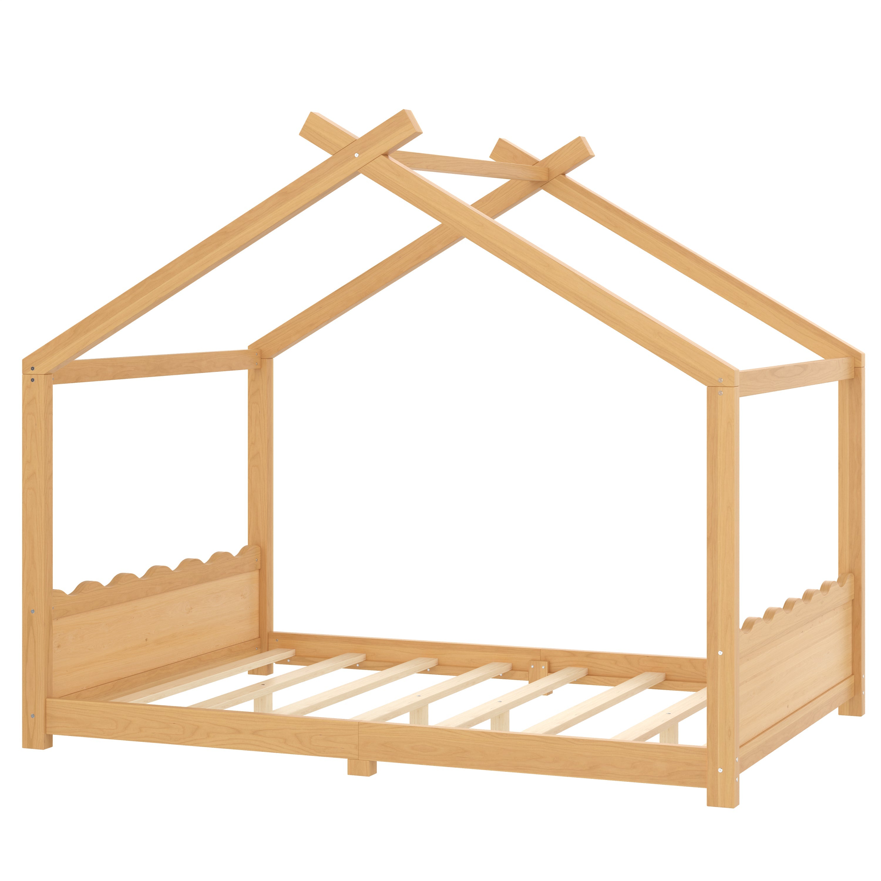Full House Floor Bed with Support Slats, Solid Wood House Bed Frame for Kids, No Box Spring Needed and Opening Constructure, Natural