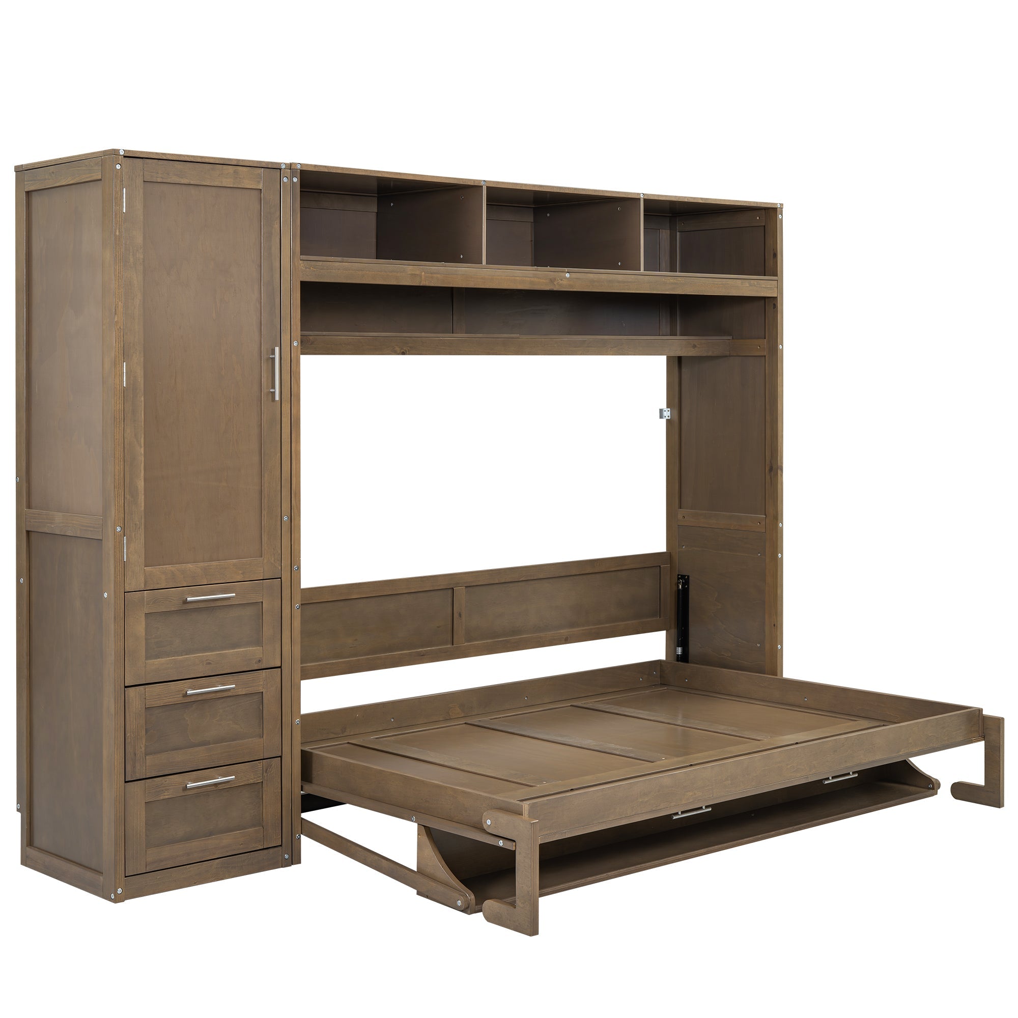 Full Size Murphy Bed with Wardrobe, Drawers and Open Shelves, Antique Wood