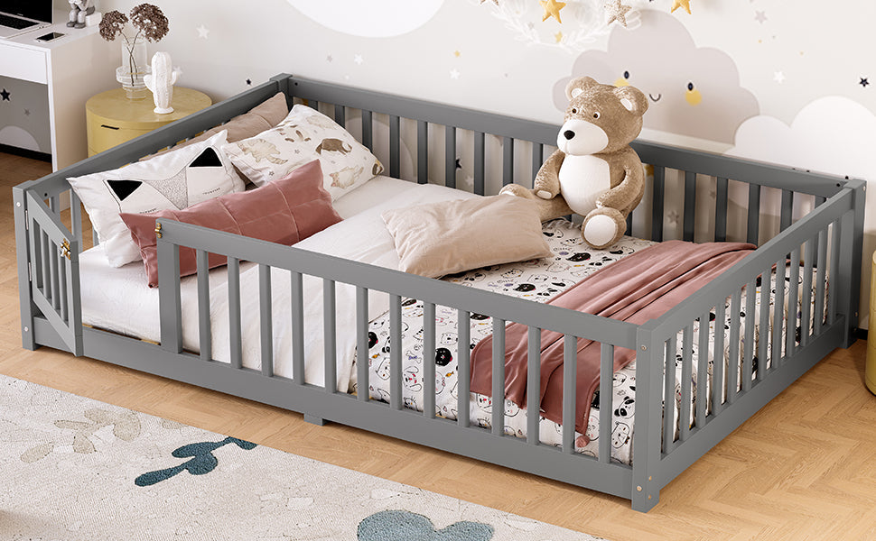 Full Size Bed Floor Bed with Safety Guardrails and Door for Kids, Gray(Old SKU: W1580P154626)