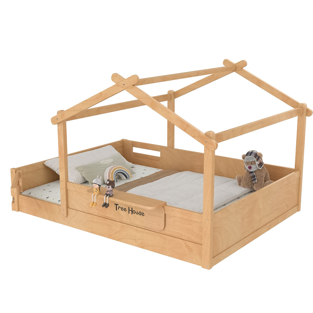 Queen Size Floor Bed with Guardrails and Roof, Kids House Floor Bed with a Small Built-in Tray and Free-installed Signboard, Childlike Design,Natural