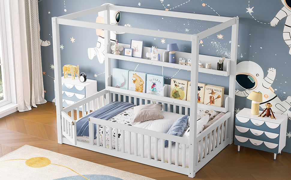 Twin Size Canopy Bed with Guardrails, Solid Wood Floor Bed with Shelves, Montessori Floor Bed Frame for Kids, Boys, Girls, No Spring Box Needed, White