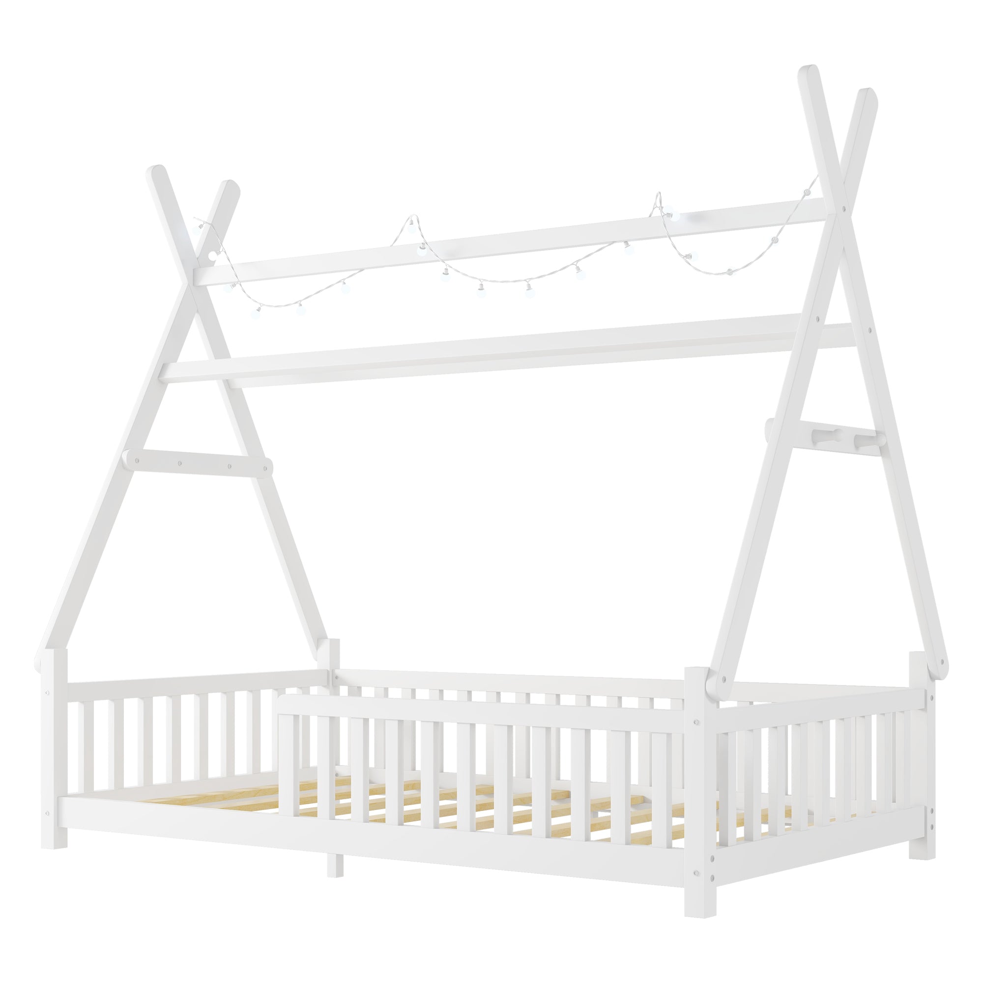Twin House Bed with Light, Low Floor House Bed with Fence and Roof for Kids Boys Girls,White(Expect arrive date 2025/7/20)